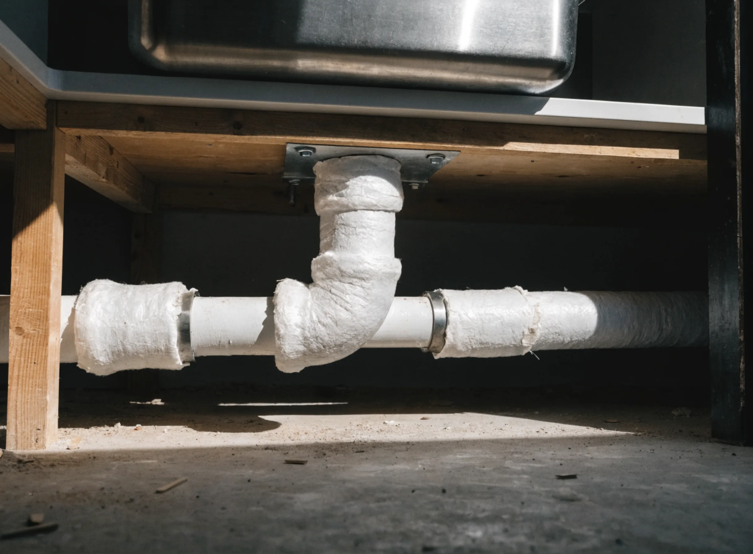 Open knee space under a kitchen sink, the pipes insulated and set back, with the cabinet doors removed