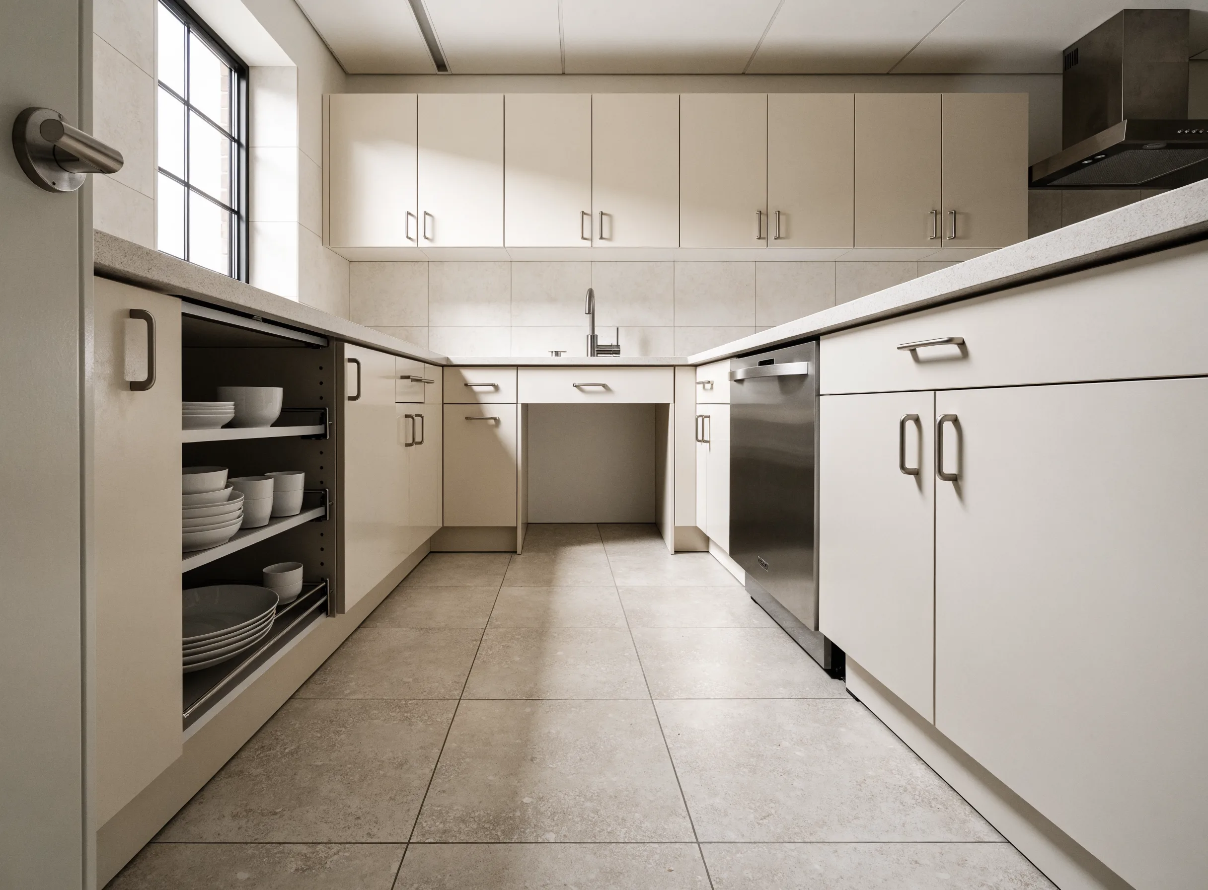 A kitchen with counters at two heights, open knee space under the sink and pull out shelves in an open base cabinet
