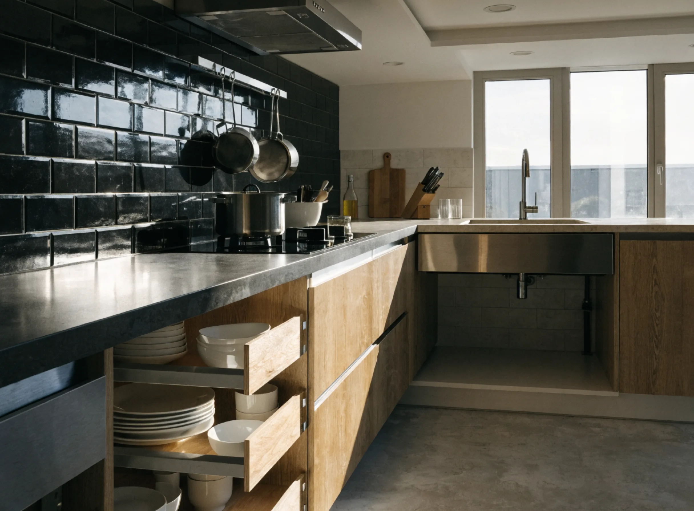 Accessible kitchen remodeling Boca Raton: a kitchen with open knee space under the sink and pull out shelves in an open base cabinet