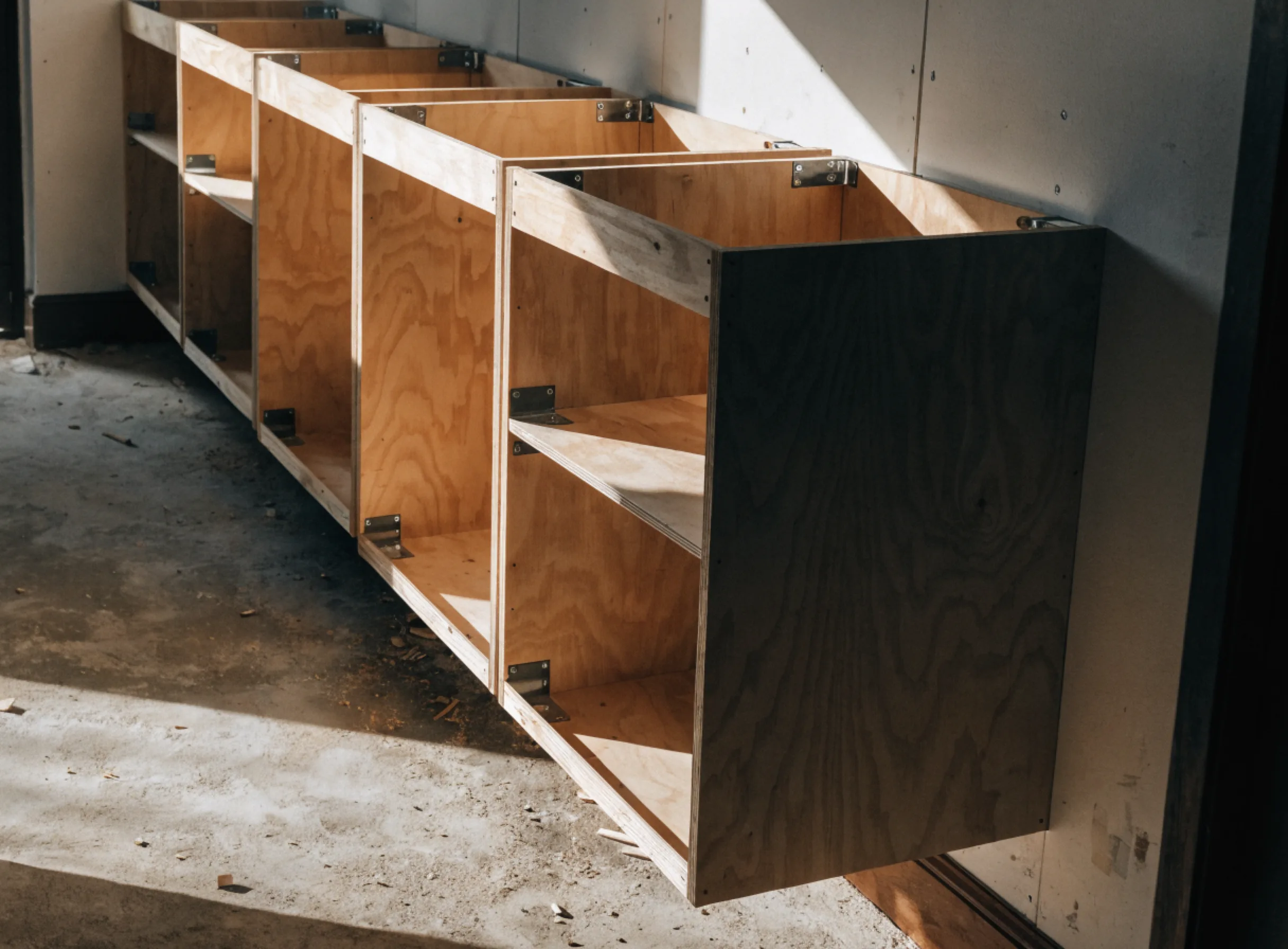 Cabinet installation Boca Raton: a run of new base cabinets set, leveled and anchored to the wall, with the doors not yet hung