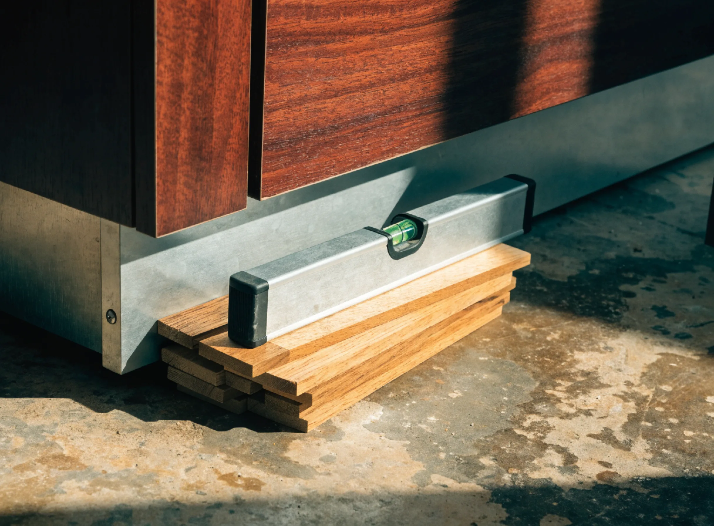 A base cabinet being leveled and shimmed against an uneven floor before it is anchored