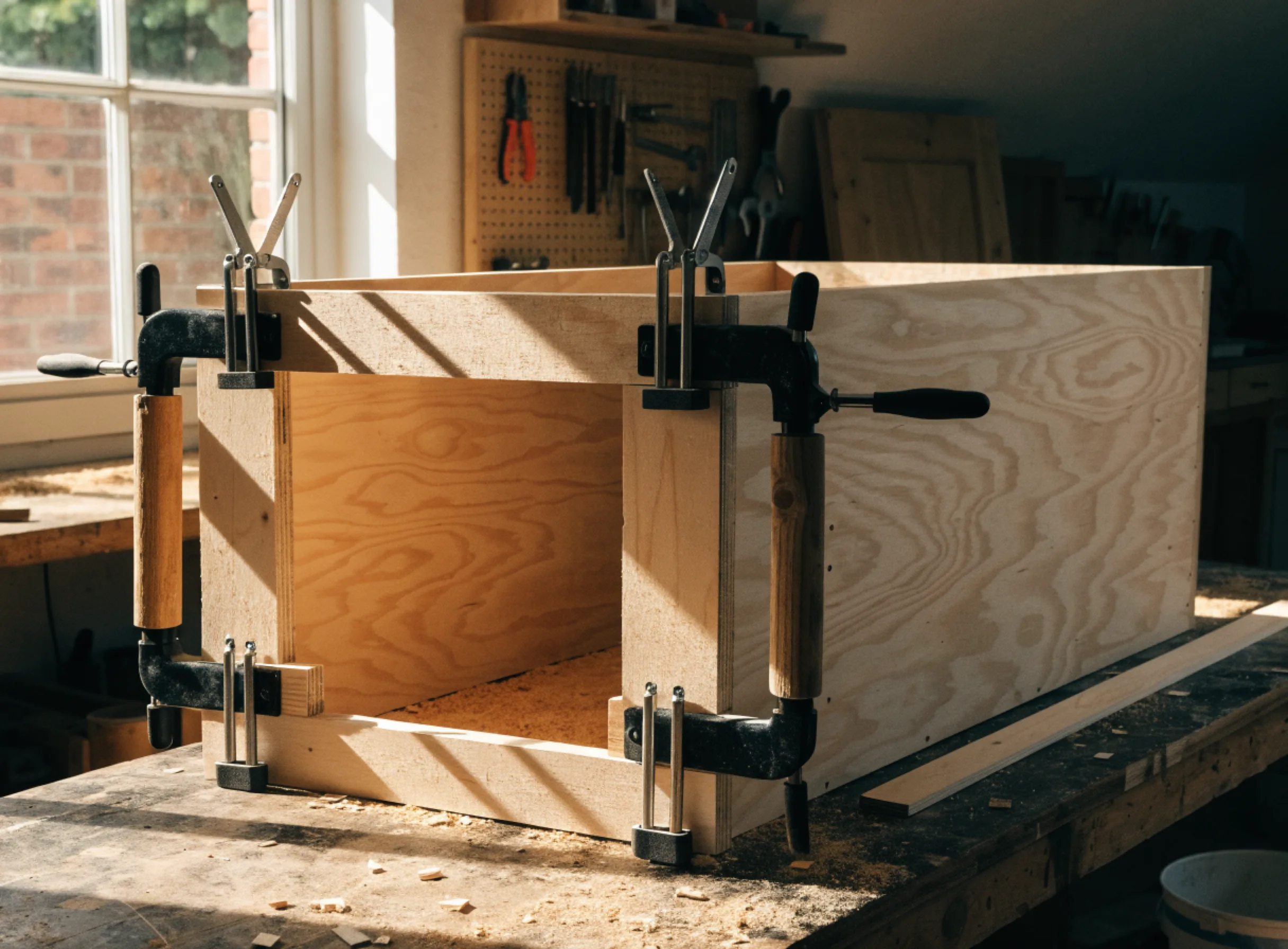 A plywood cabinet box on the shop bench with its face frame clamped in place before finishing