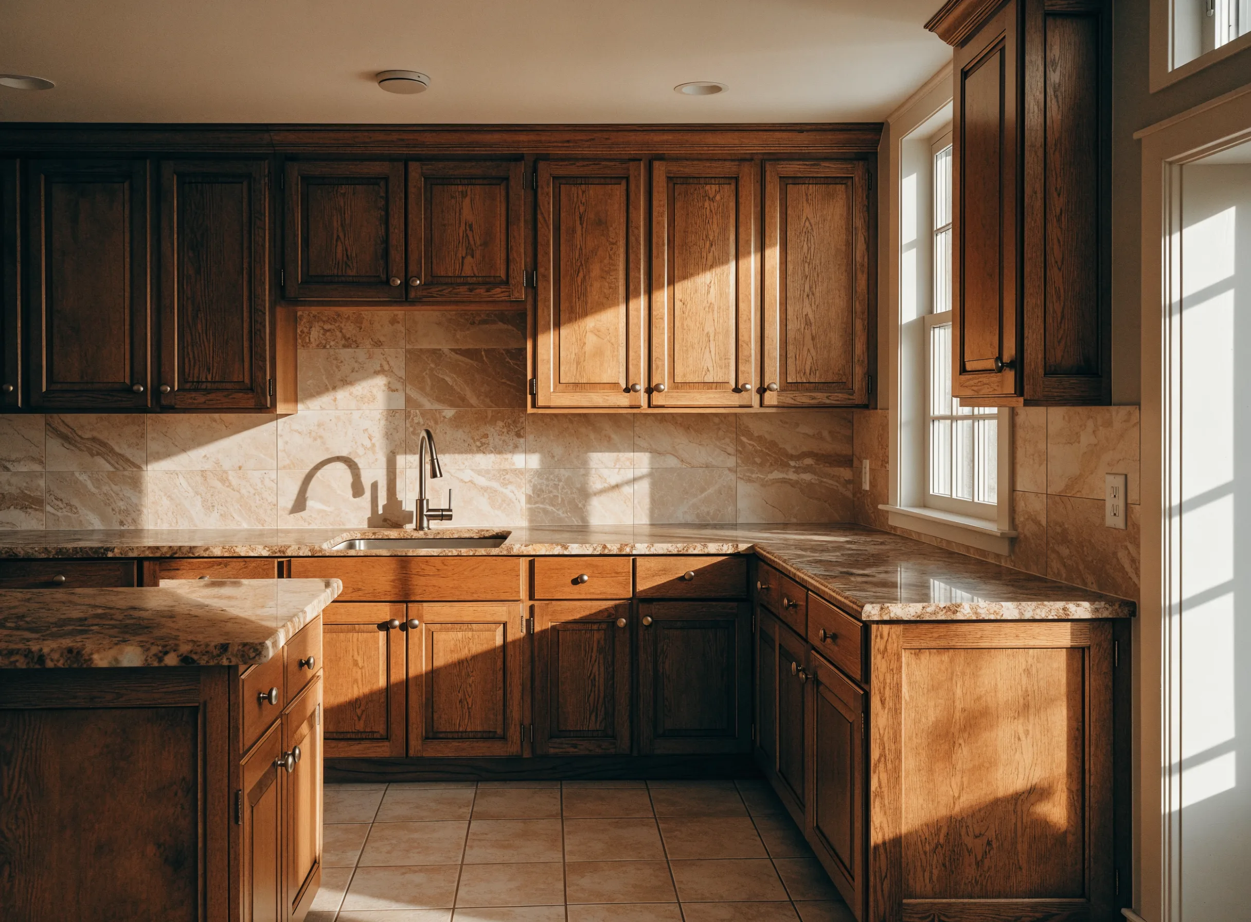Kitchen remodeler tips for Boca Raton: a kitchen with brown and gold granite countertops, a raised breakfast bar and wood cabinets