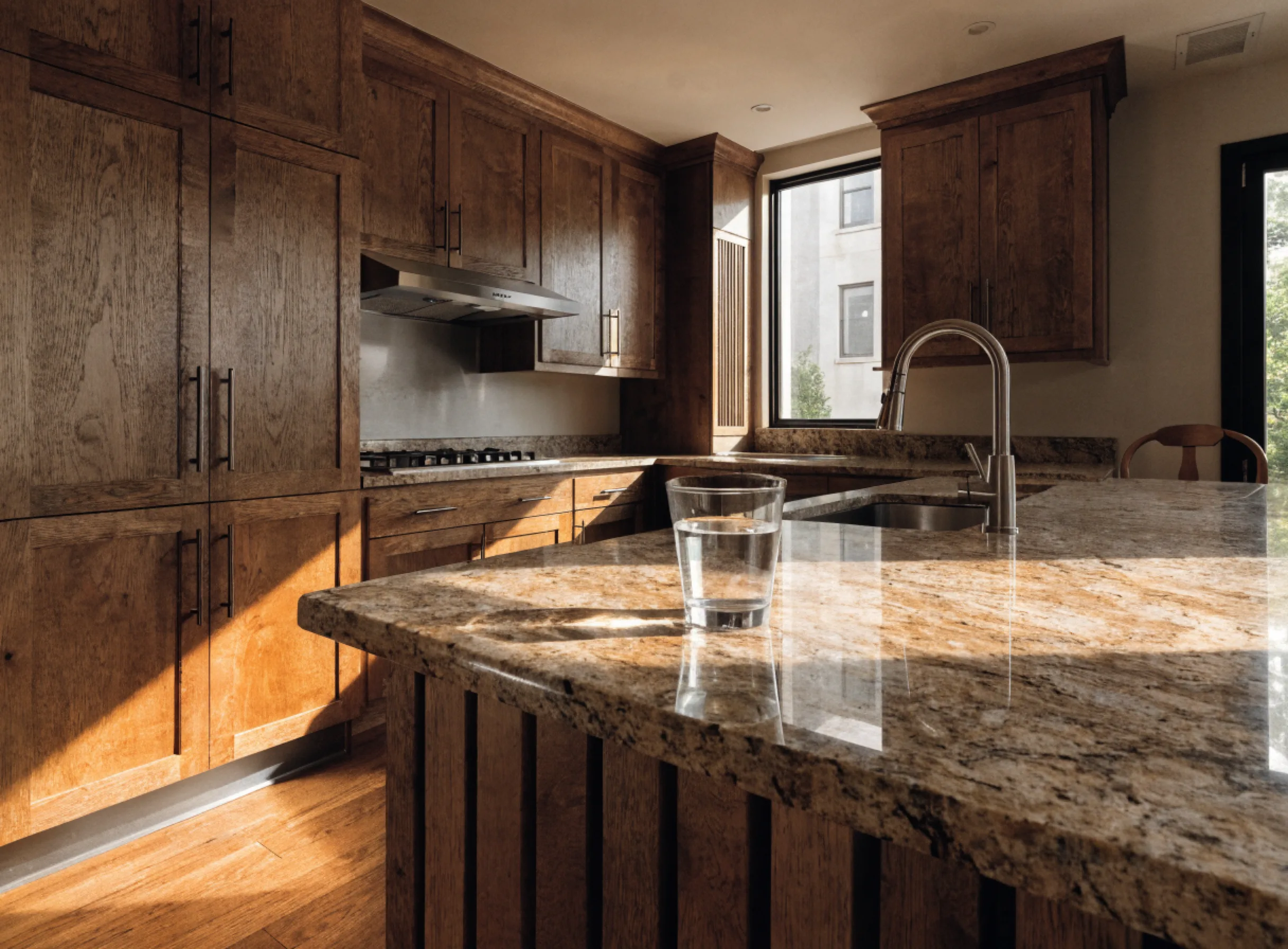 Granite countertop installation Boca Raton: a finished kitchen with brown and gold granite counters, a raised breakfast bar and wood cabinets