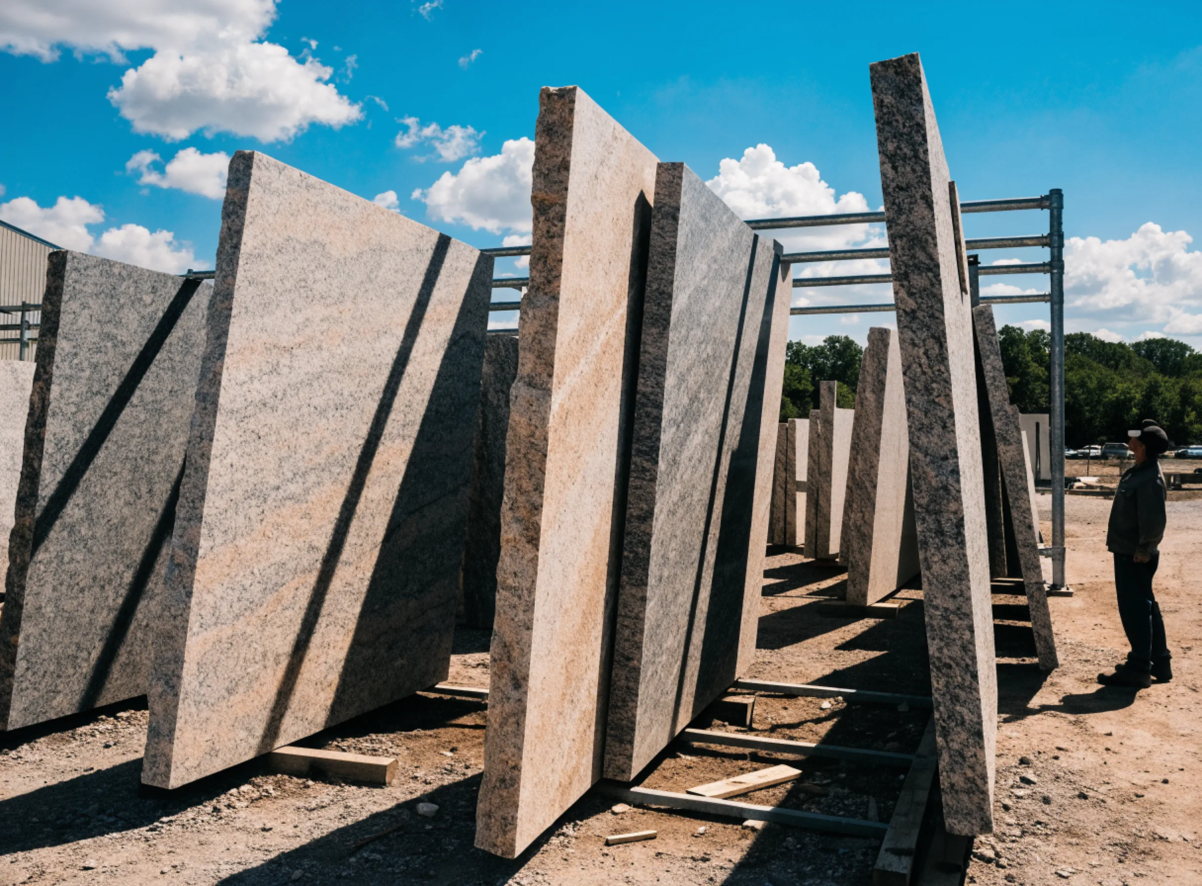 Granite slabs standing on racks in a stone yard, being looked at one at a time before selection
