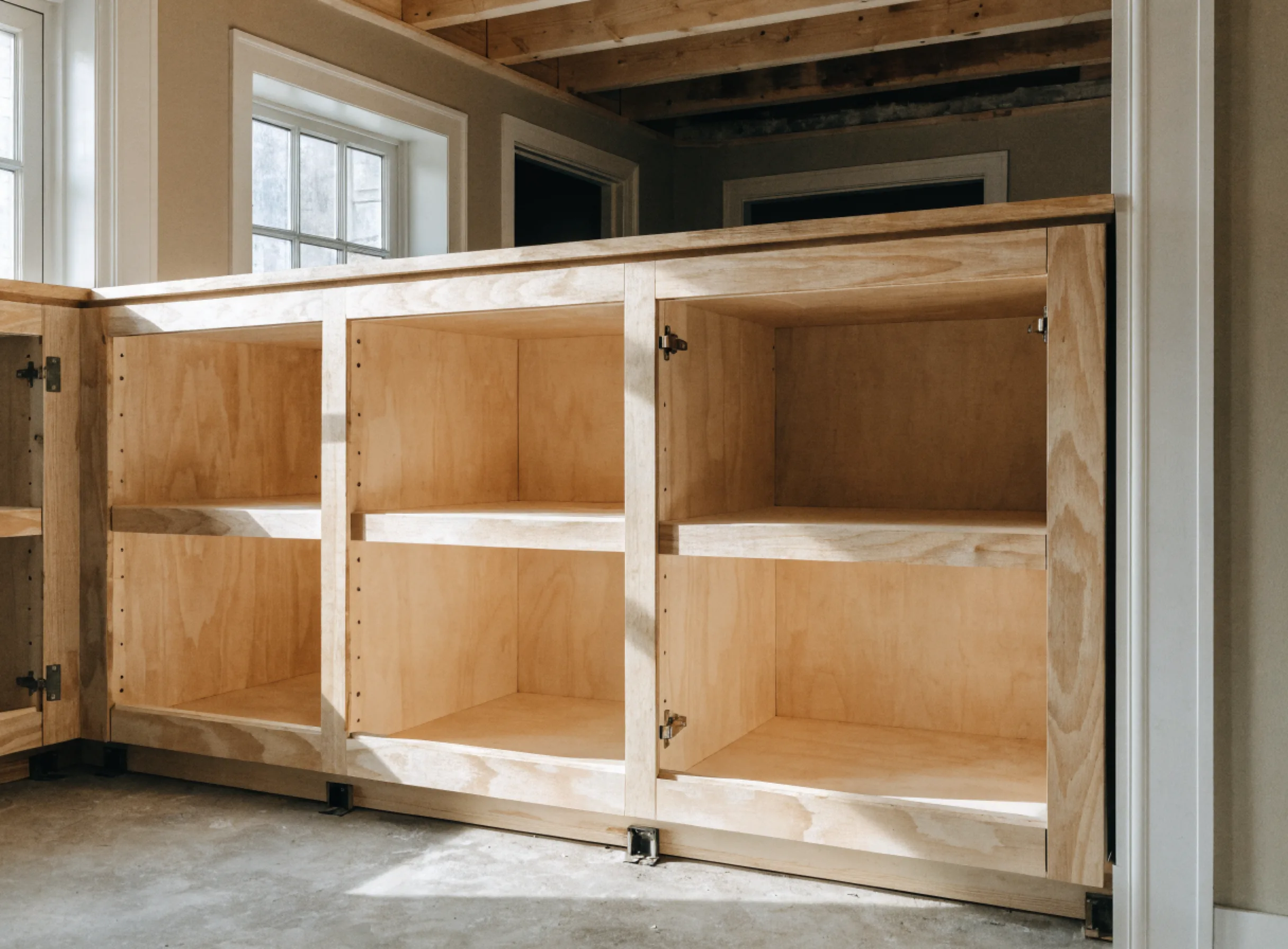 The inside of an original cabinet box with its face frame stripped bare, the panel checked for damage