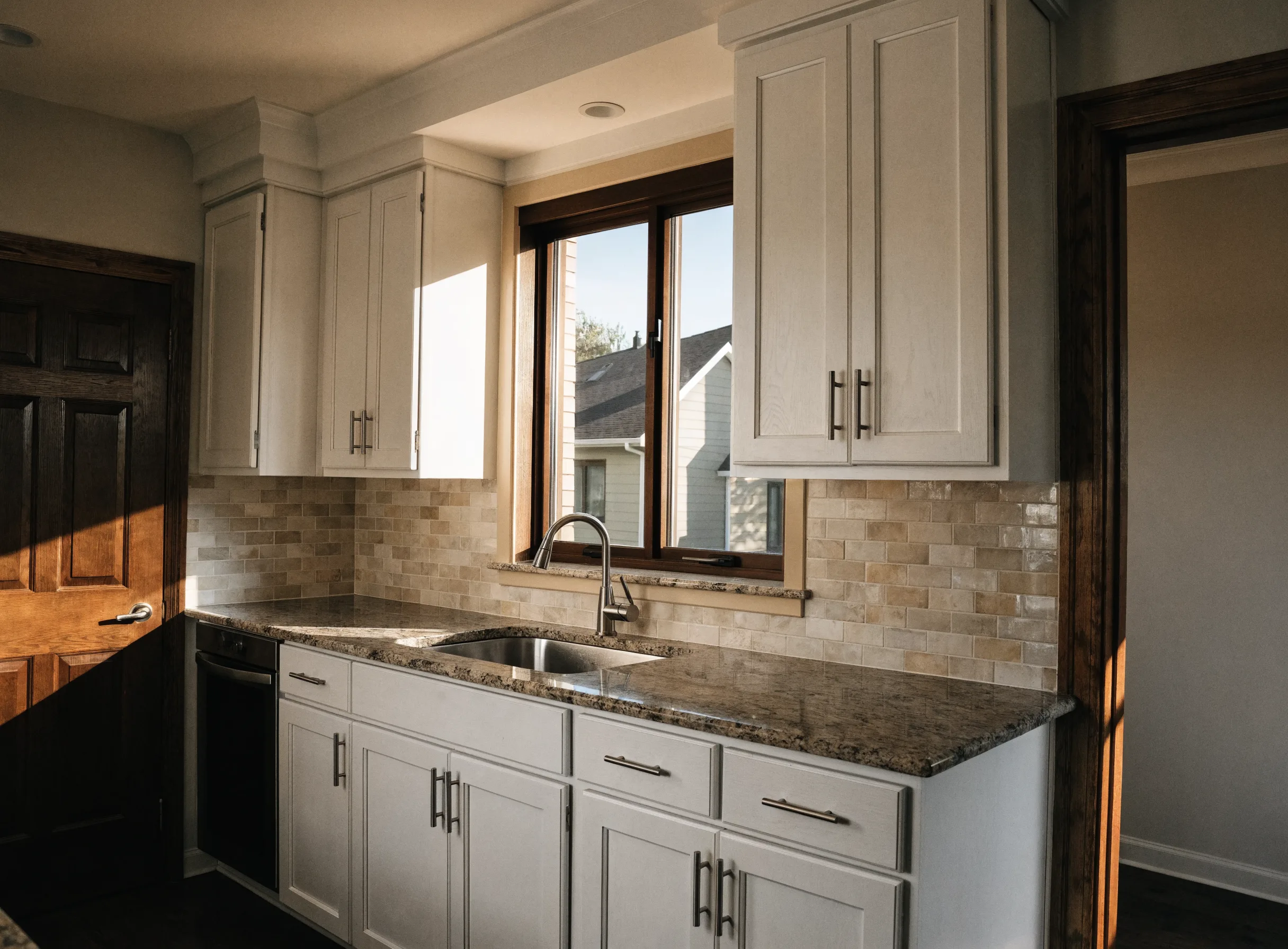 Kitchen with new white shaker doors on the original cabinet boxes and the existing granite kept in place