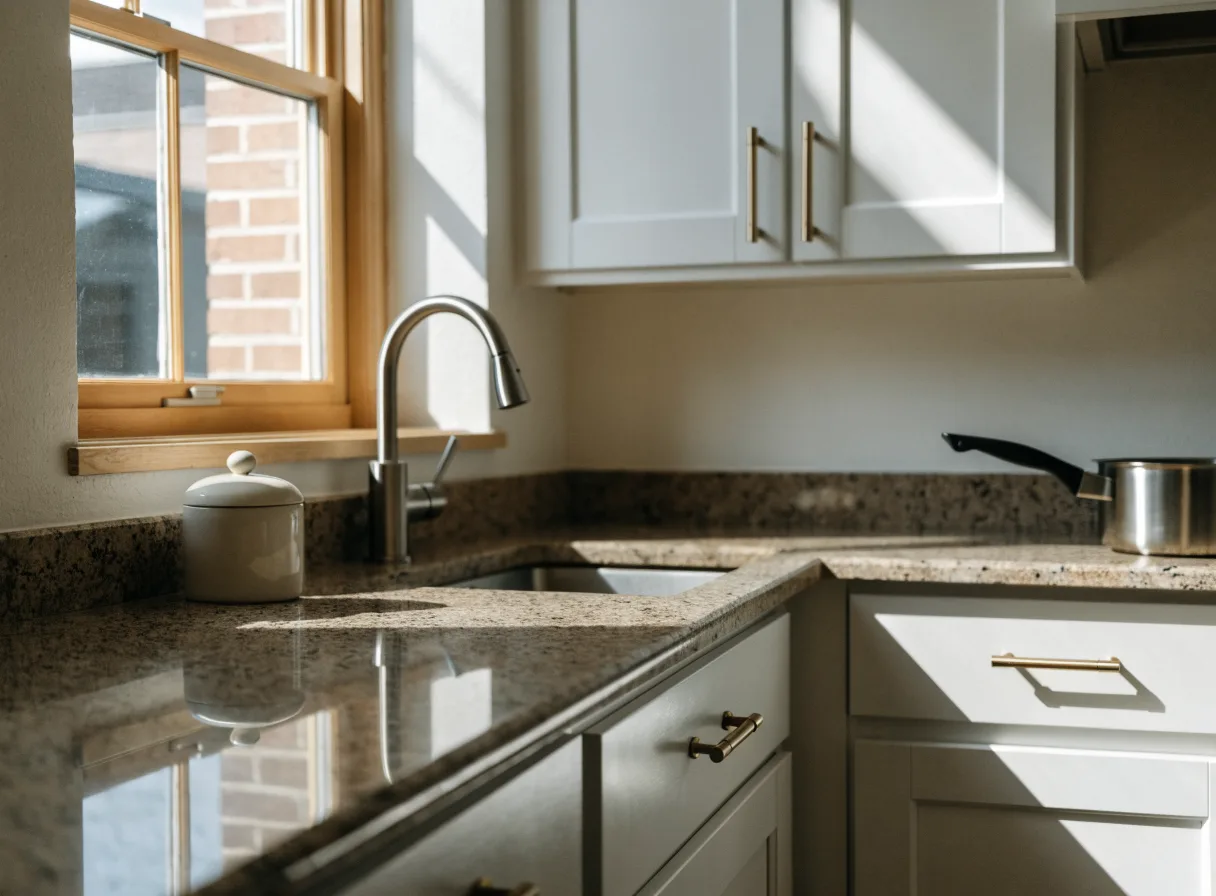 Kitchen cabinet refacing Boca Raton: a kitchen with new white shaker doors and drawer fronts on the original cabinet boxes, with the existing granite kept in place