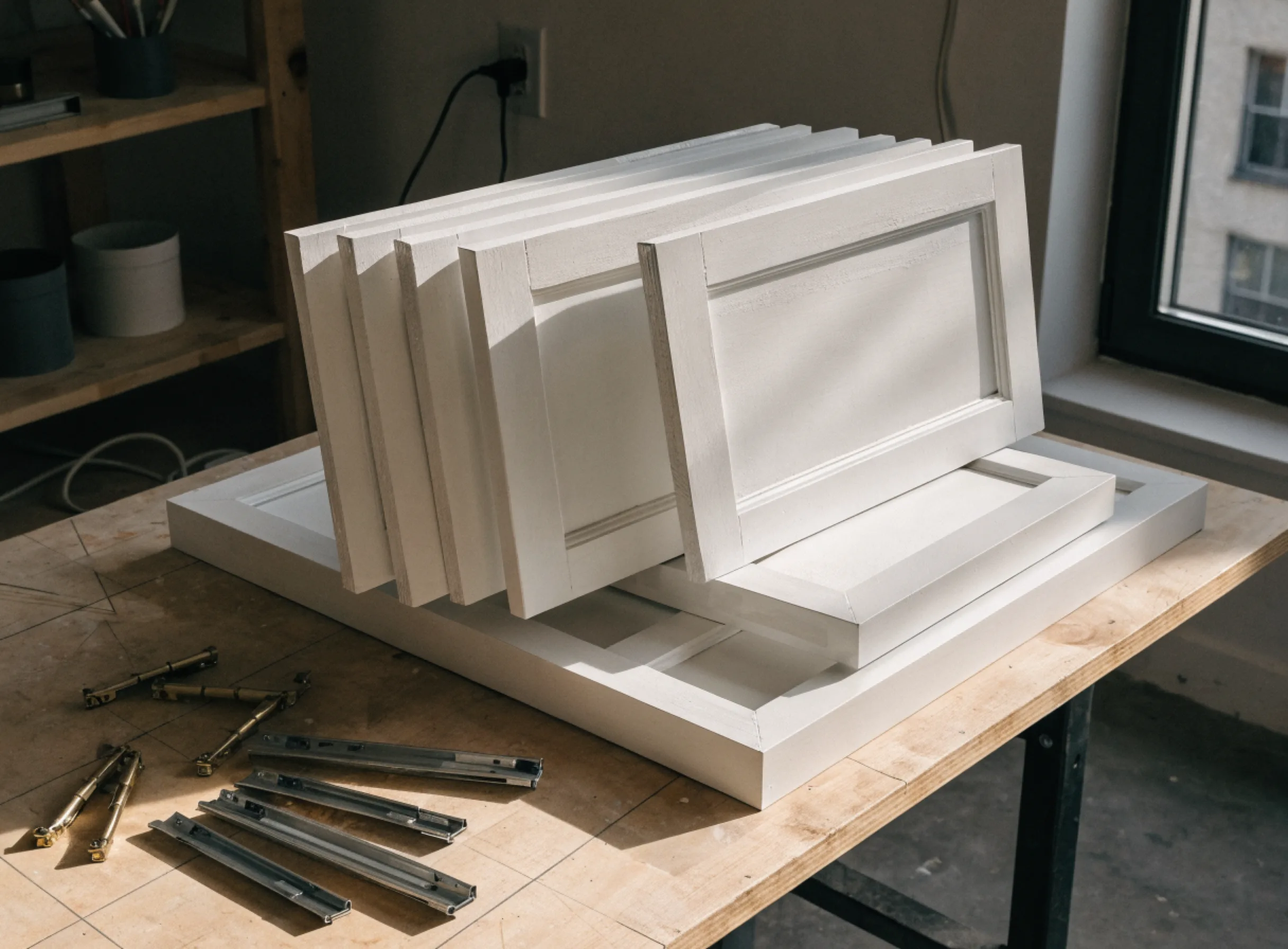 New shaker doors and drawer fronts stacked on a work table, with the hinges and soft close slides laid out beside them