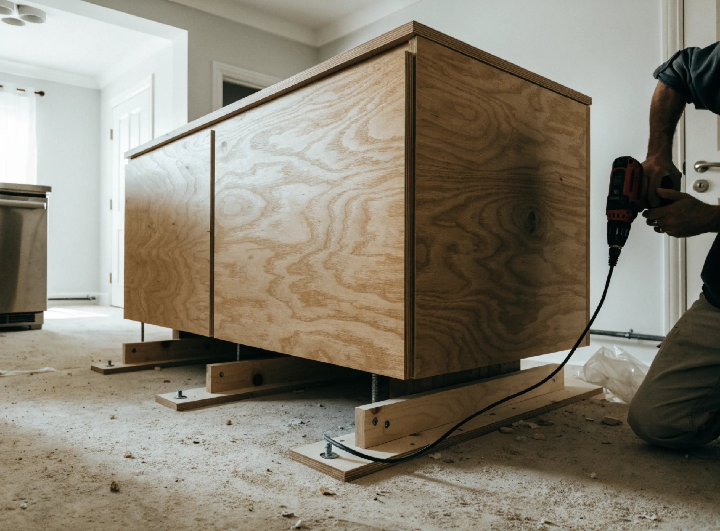 An island cabinet being anchored to the floor with cleats before the countertop goes on