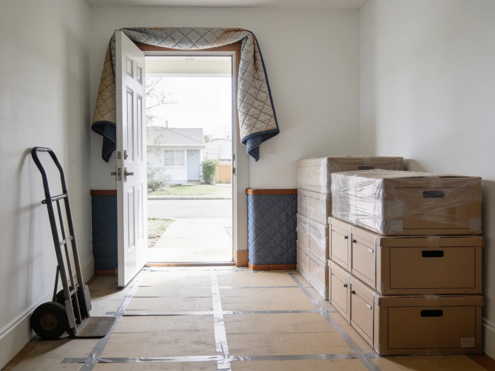 An entry hall prepared for a delivery, with board over the floor, blankets over the doorframe and cartons stacked