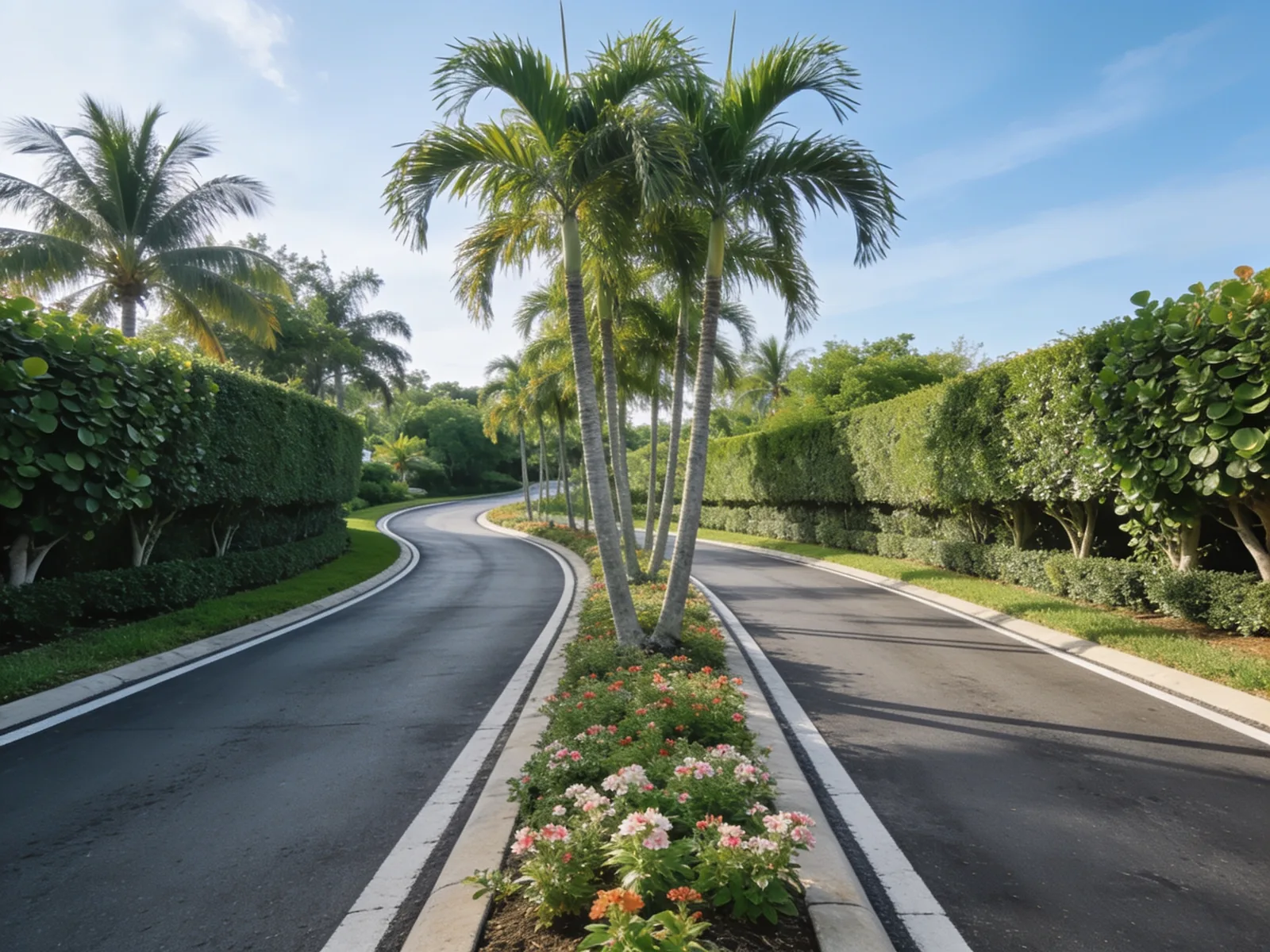 A divided community entrance road with a planted median of royal palms and clipped hedges