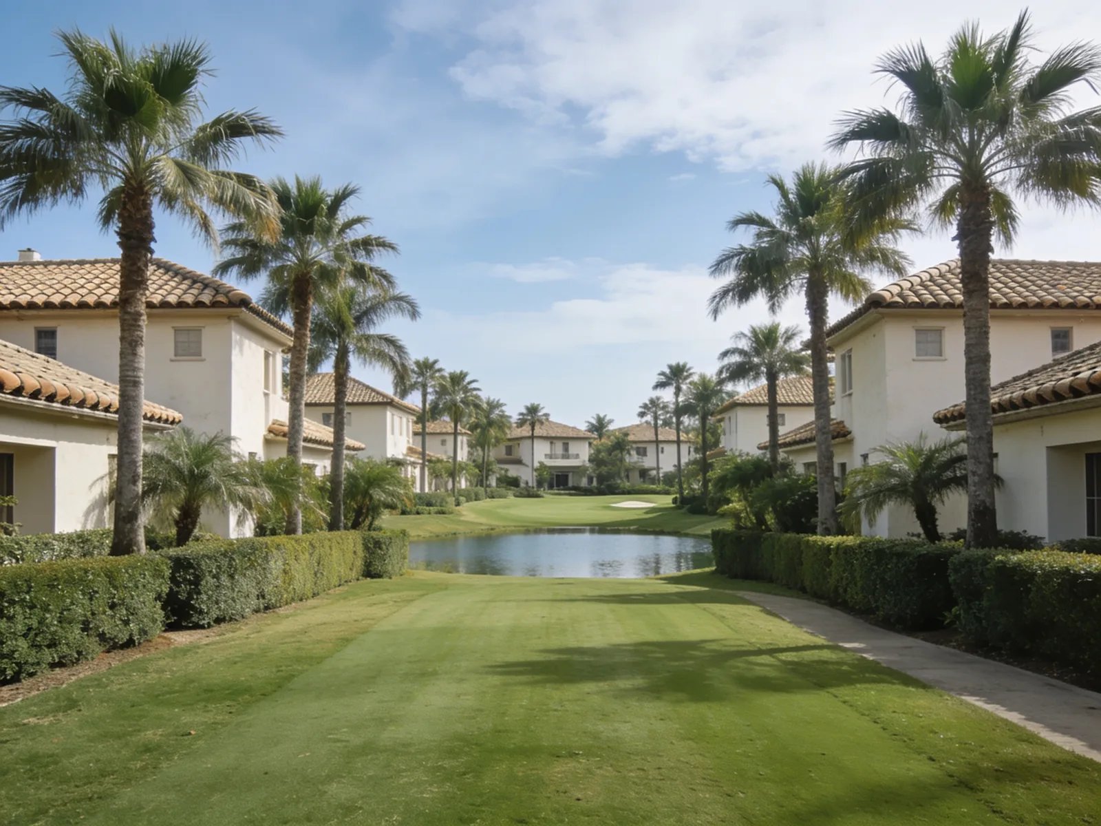 Low two storey villas with barrel tile roofs behind royal palms, with a mown fairway and a lake beyond