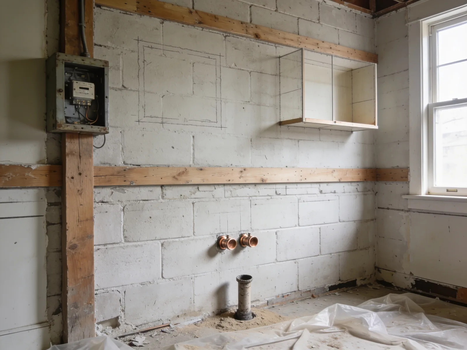 A kitchen stripped after demolition, showing block wall, timber furring, ghost marks and capped copper stubs