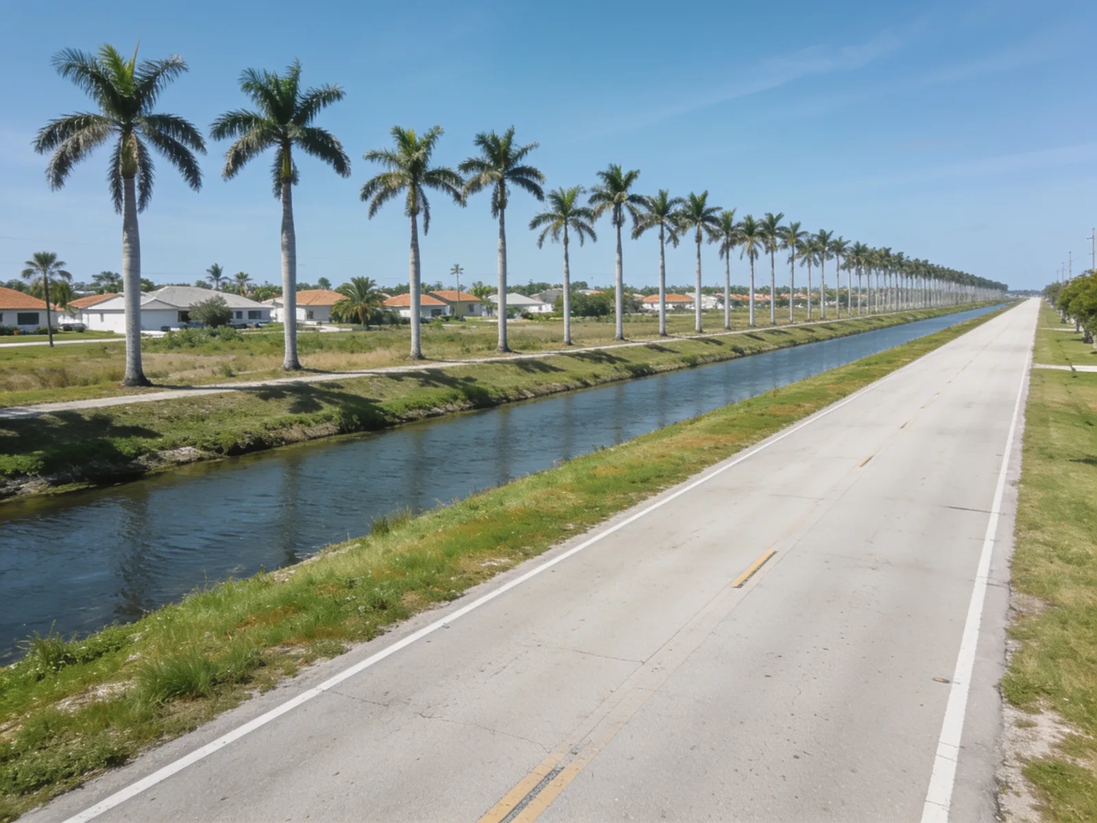 A straight arterial road running beside a wide drainage canal, with cabbage palms along the bank