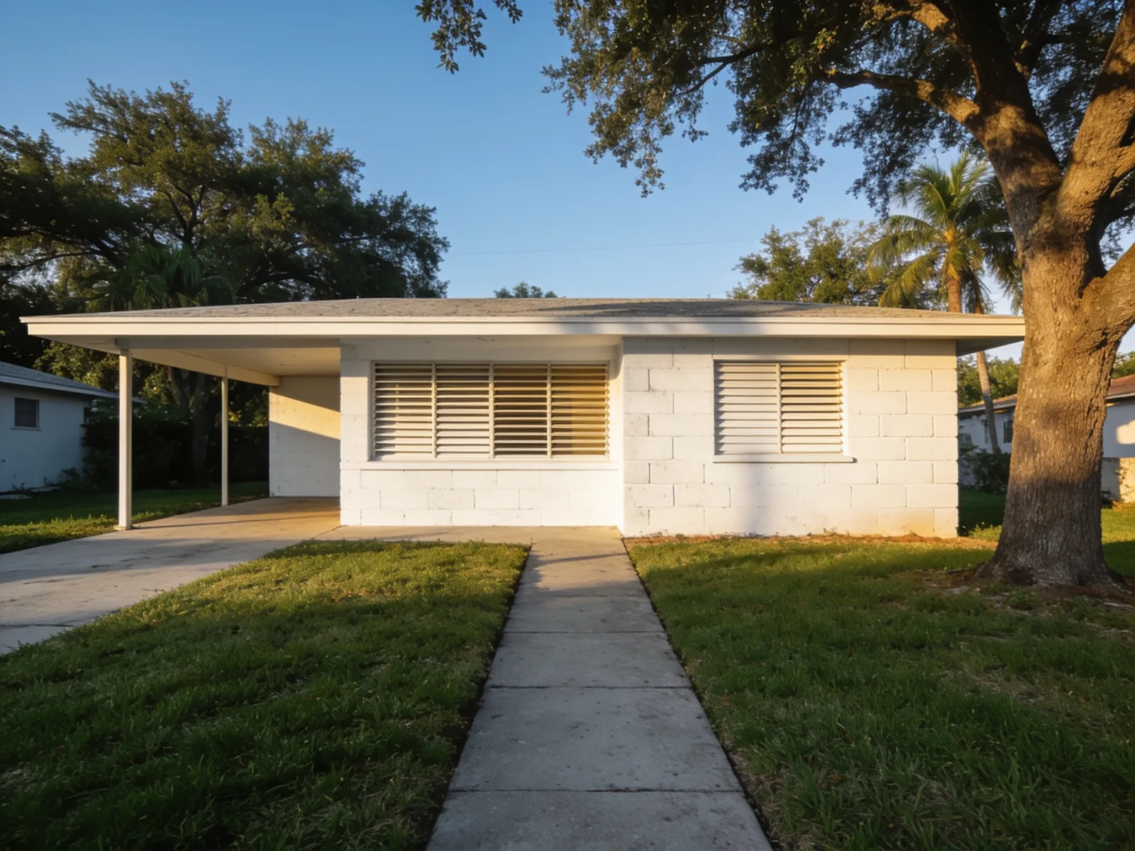 A 1960s single storey ranch house with a low roofline, white block walls, a carport and jalousie windows