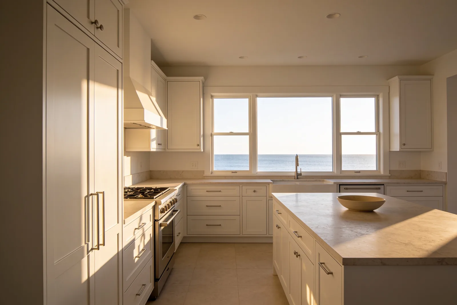 A finished coastal kitchen at golden hour, with low light running across the counter and the floor