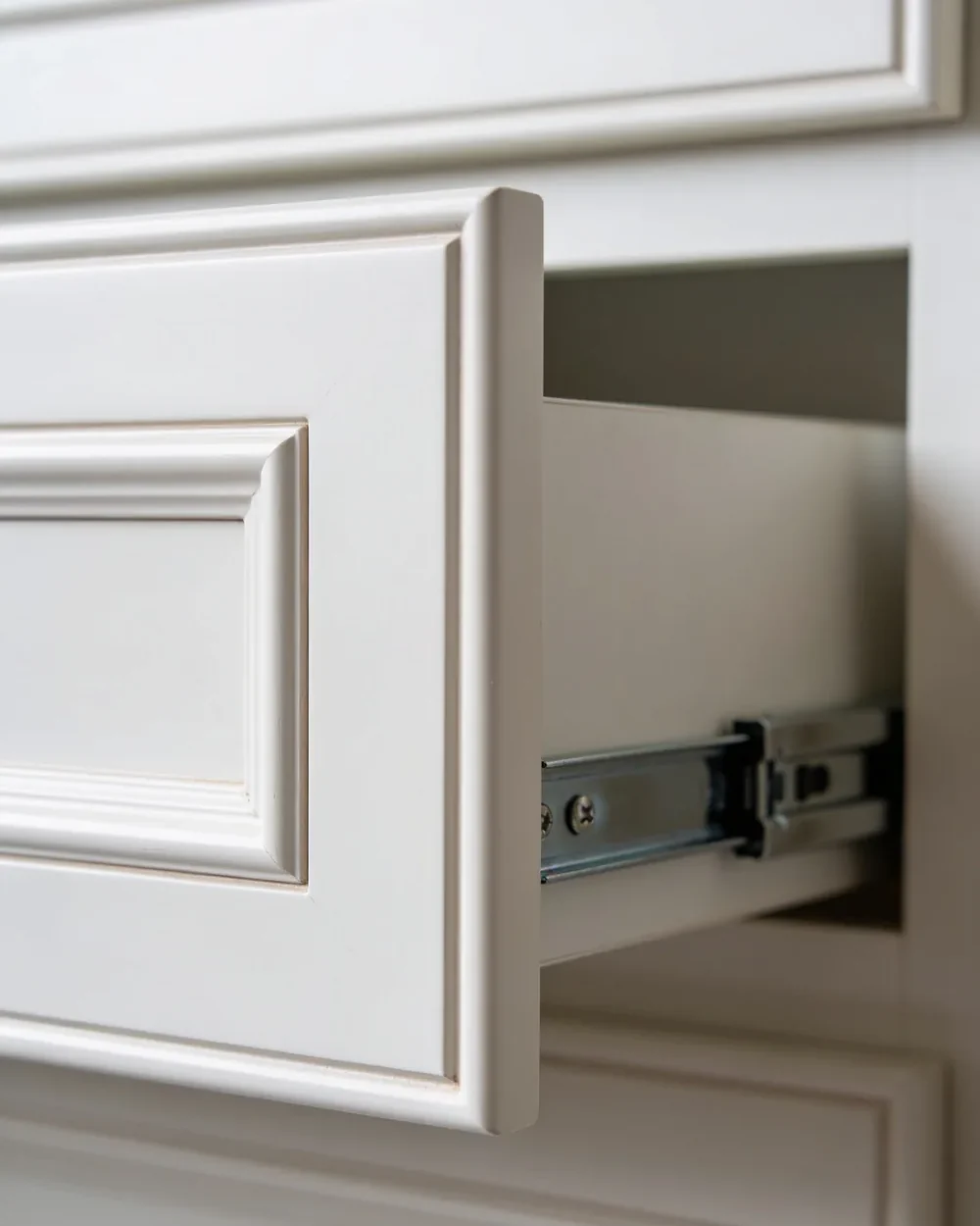 A painted cabinet door standing open, with the concealed soft close hinge and the shaker joint in focus