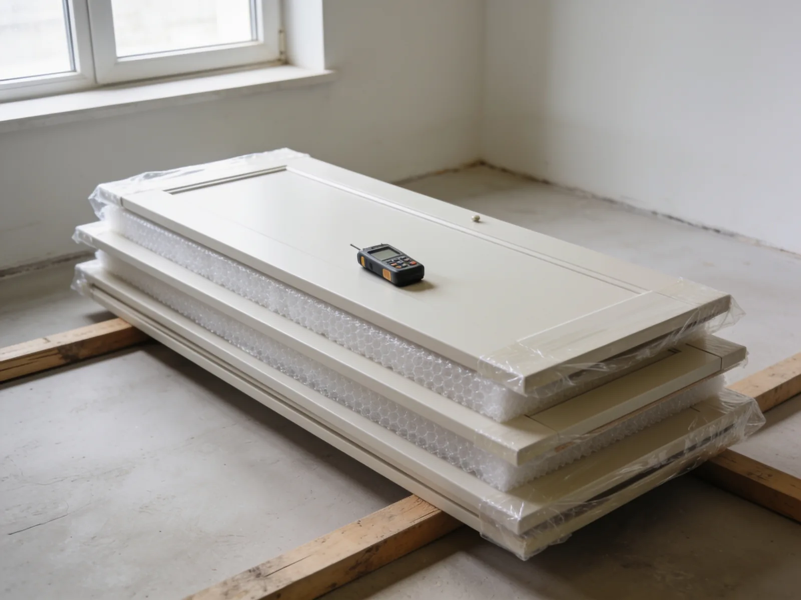 New cabinet doors stacked flat on battens to acclimate, separated by foam, with a moisture meter resting on top