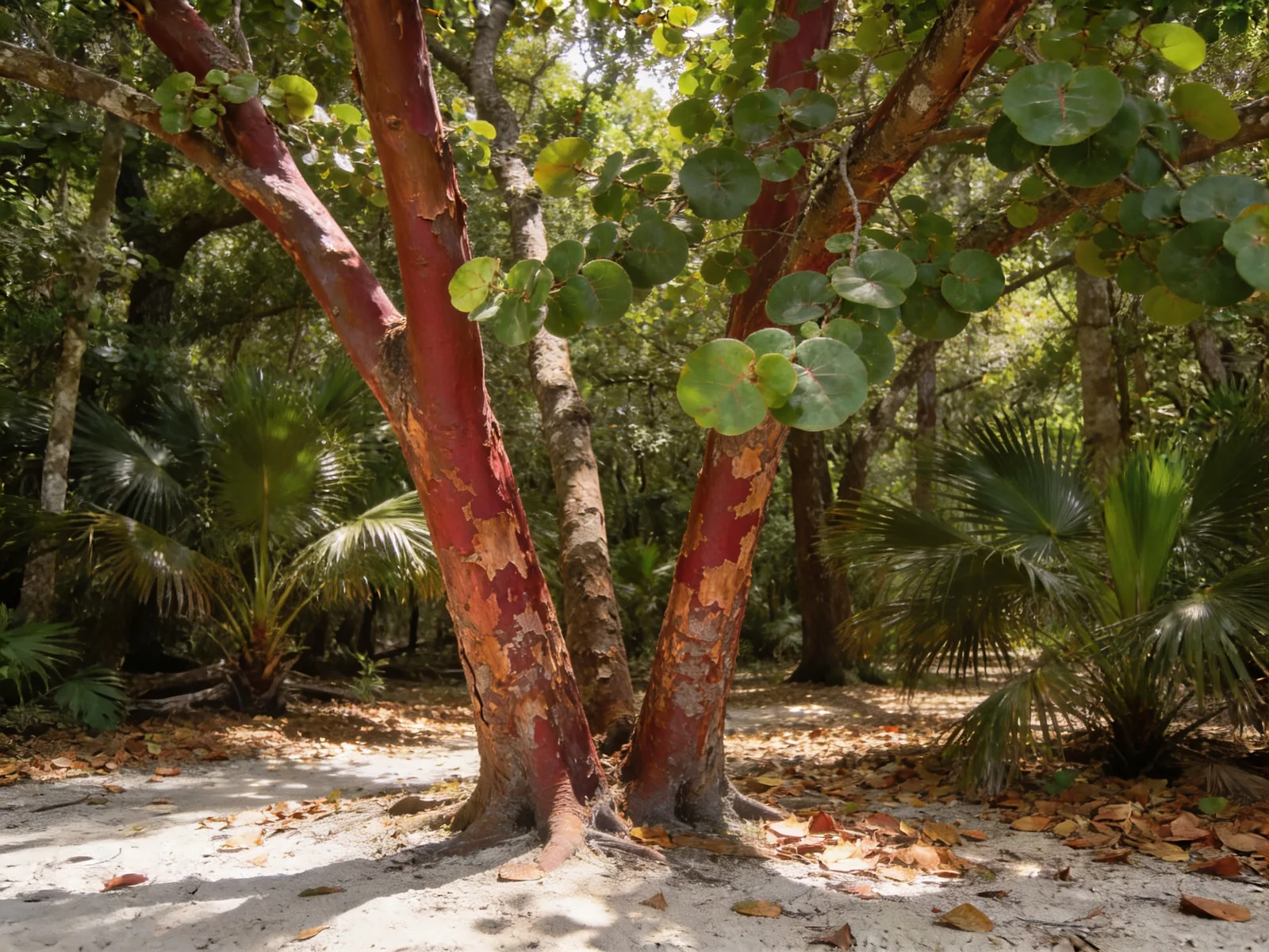 A coastal hardwood hammock with gumbo limbo trees, peeling coppery bark, sea grape and pale sandy ground