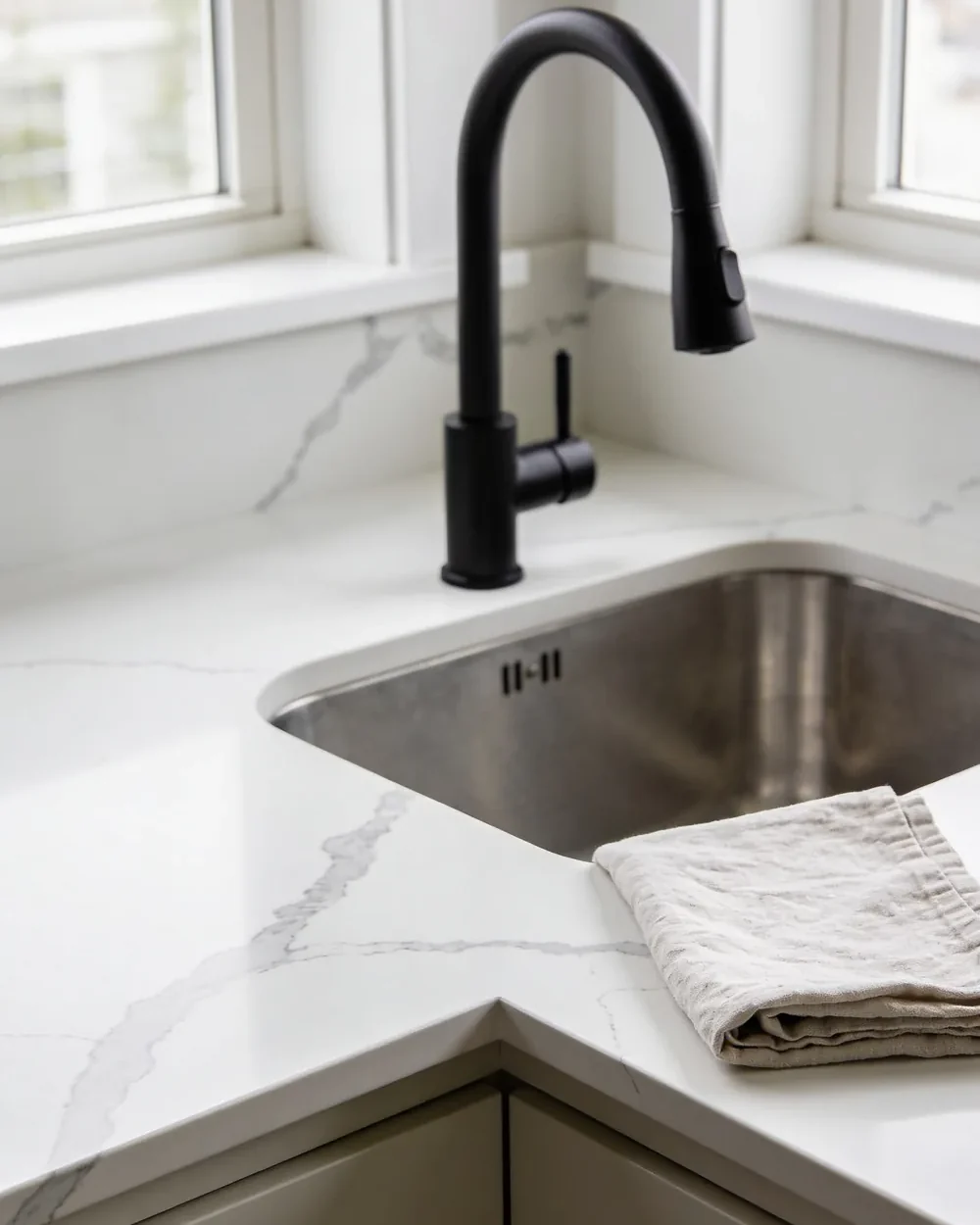 A quartz countertop corner with a stainless undermount sink and a slim gooseneck faucet
