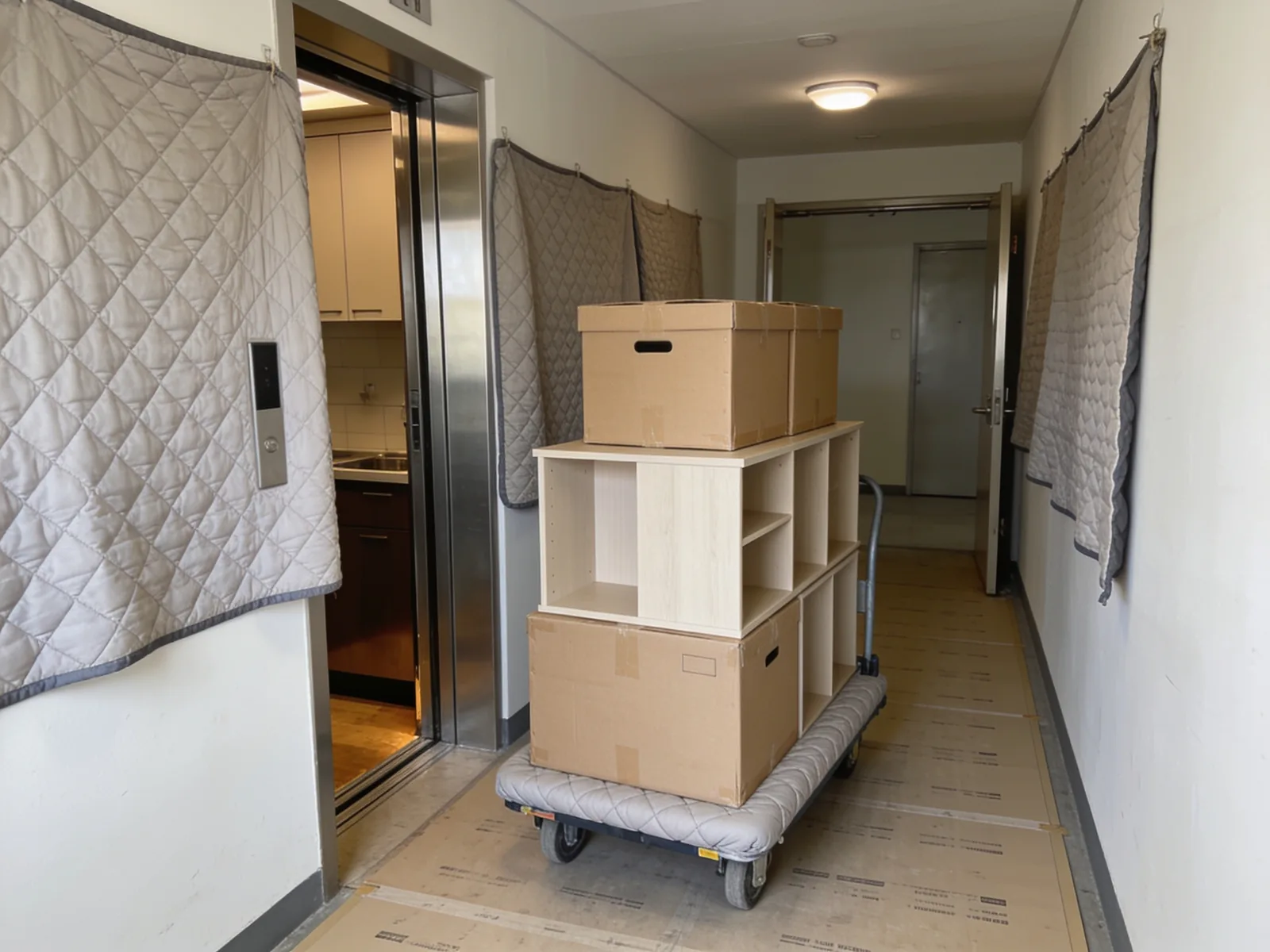 Wrapped cabinet cartons on a padded dolly in a building corridor, with the service elevator doorway blanketed