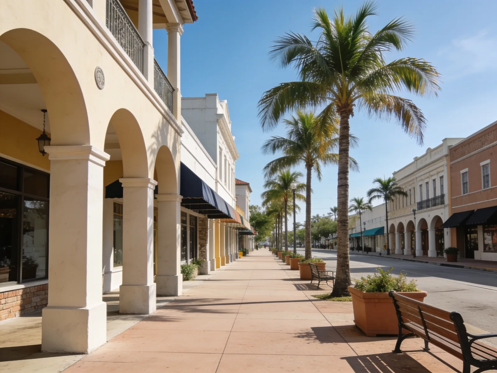A downtown street with wide sidewalks, low arcaded buildings and palms in planters