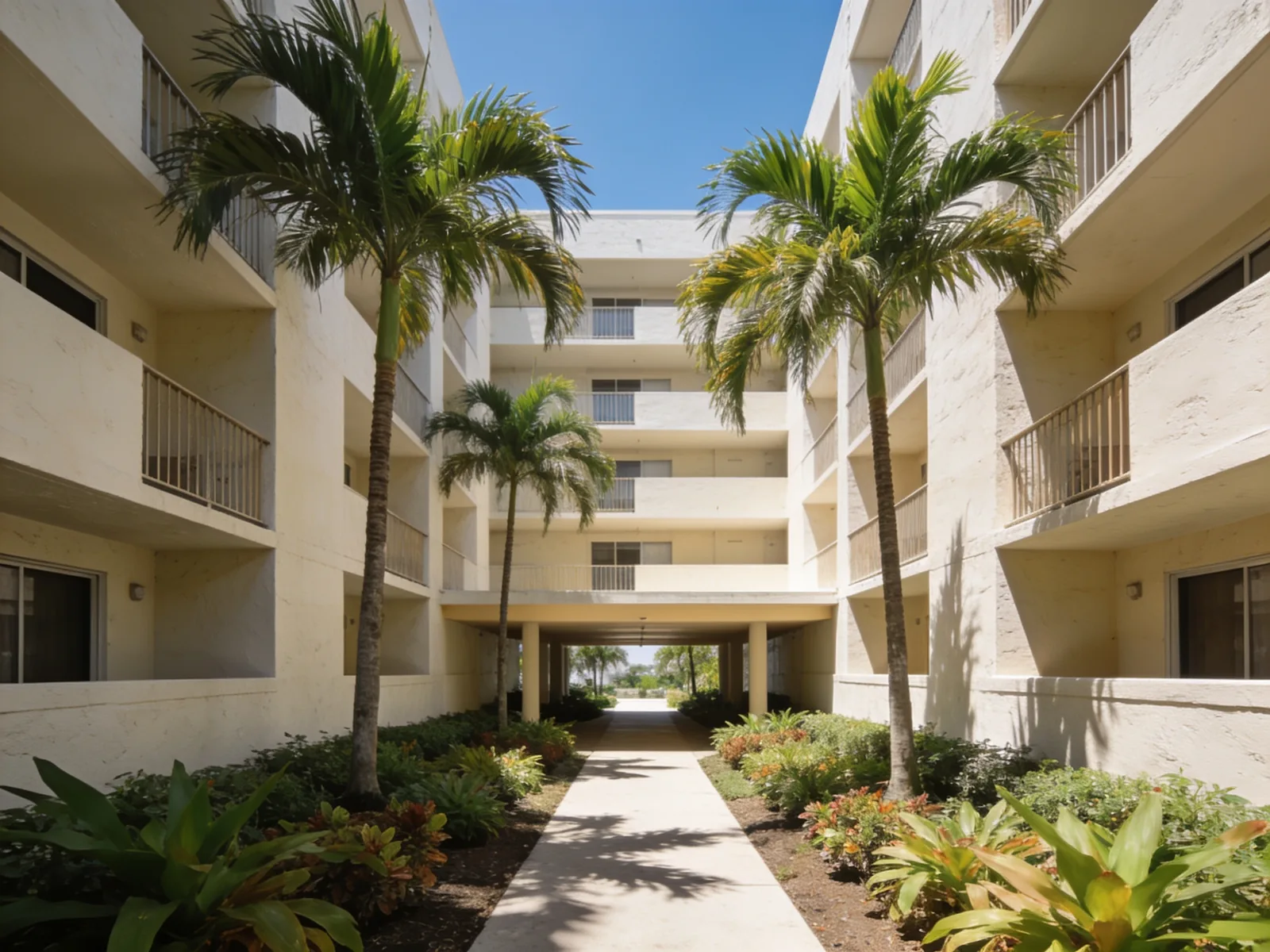 A mid rise residential courtyard with recessed private balconies and mature palms at ground level