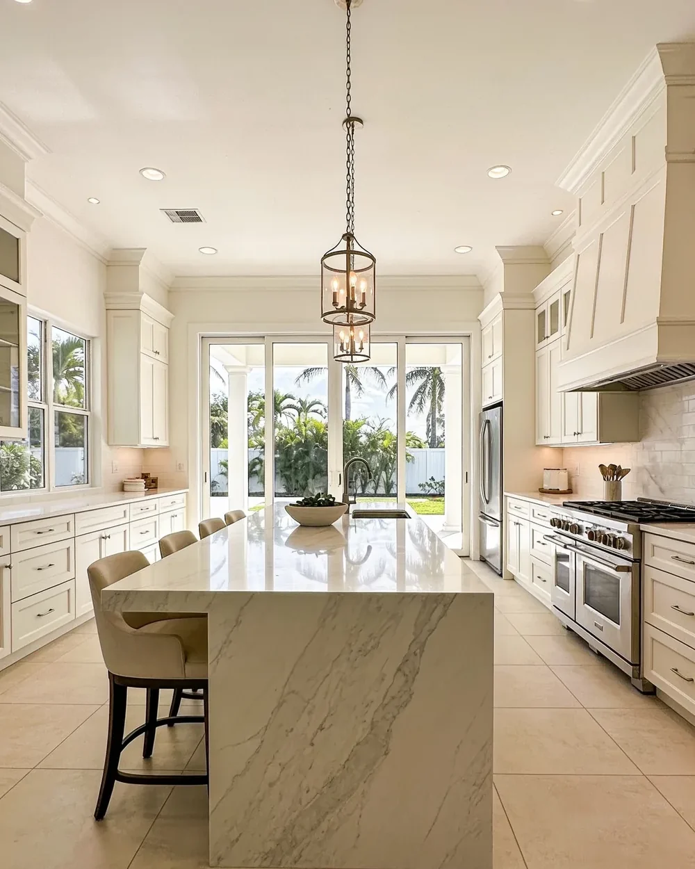 Kitchen remodeler near Sugar Sand Park: a large single family kitchen with a long island, a waterfall quartz top and pendant lights above