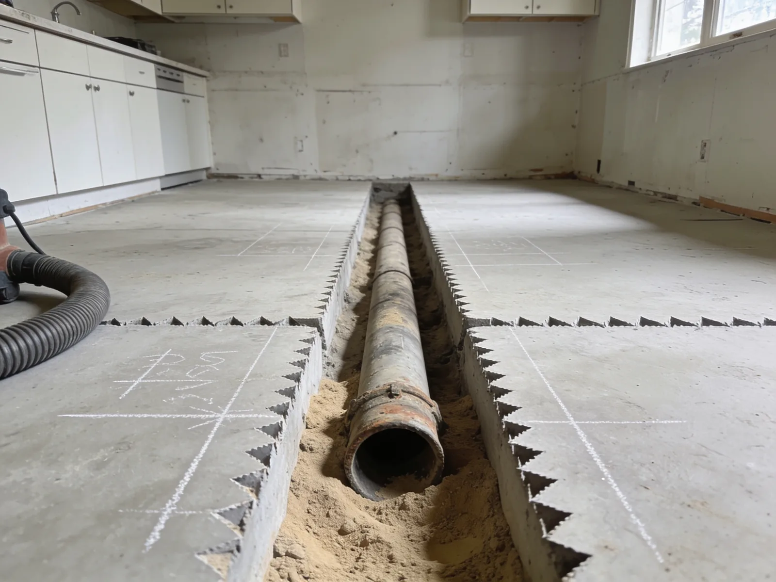 A narrow trench cut through a kitchen slab, with the old drain line exposed and chalk layout marks around it