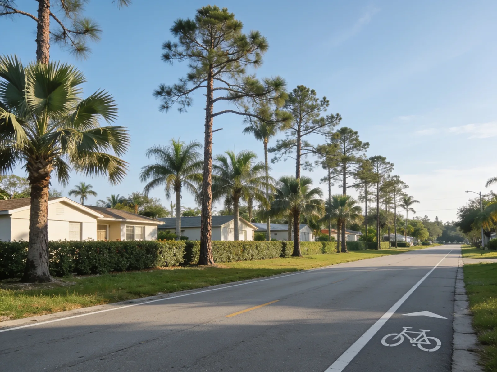 A two lane residential road with a marked bike lane, slash pines and cabbage palms along the verge