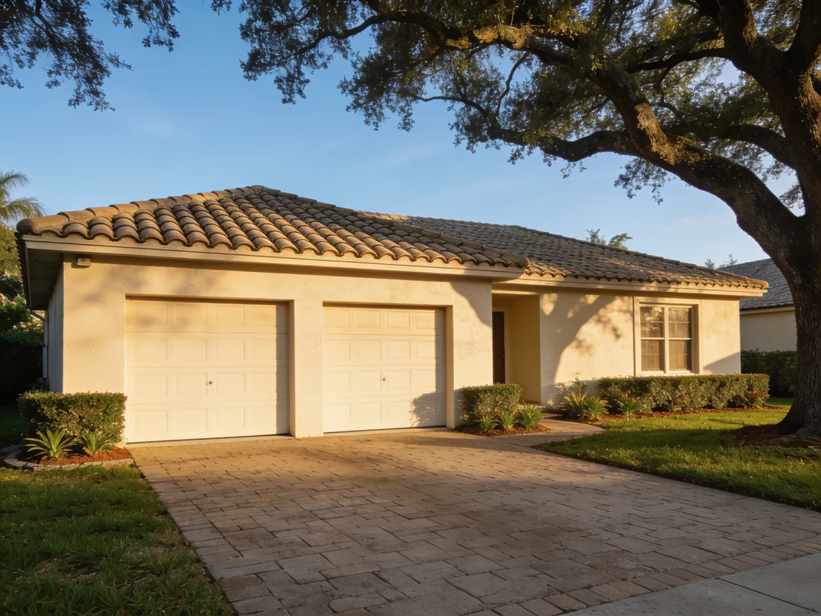 A single storey South Florida house with a barrel tile roof and a mature live oak shading the front lawn