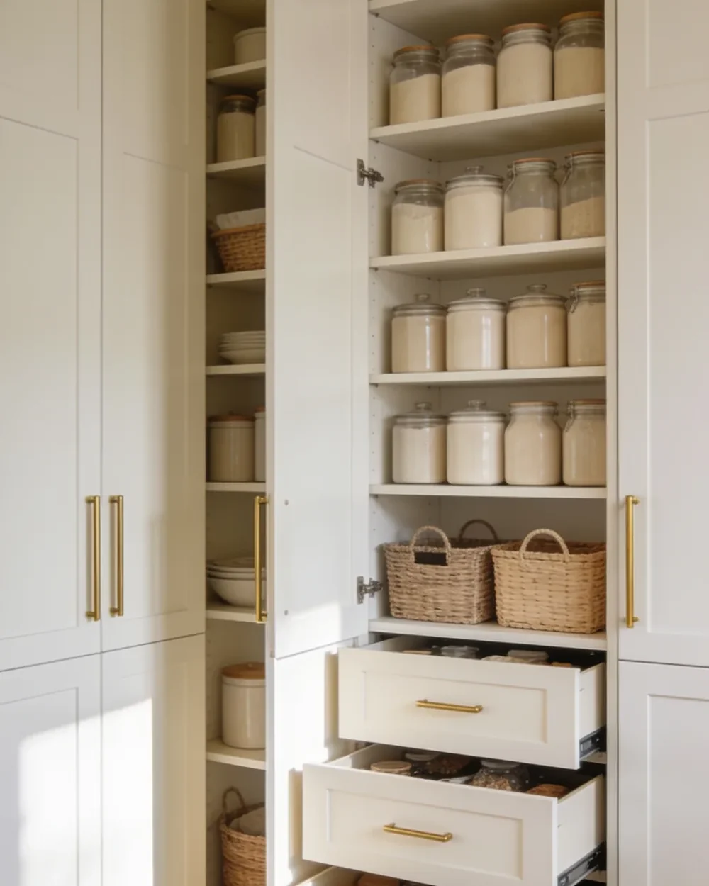 A tall pantry cabinet standing open, with adjustable shelves and deep pull out drawers