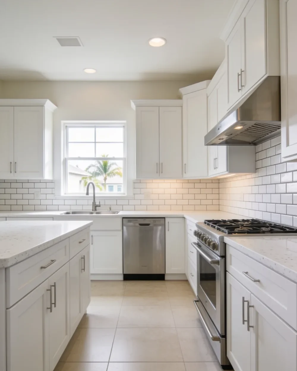 Kitchen remodeler near Town Center at Boca Raton: a finished suburban kitchen with white shaker cabinets, a quartz countertop and a subway tile backsplash