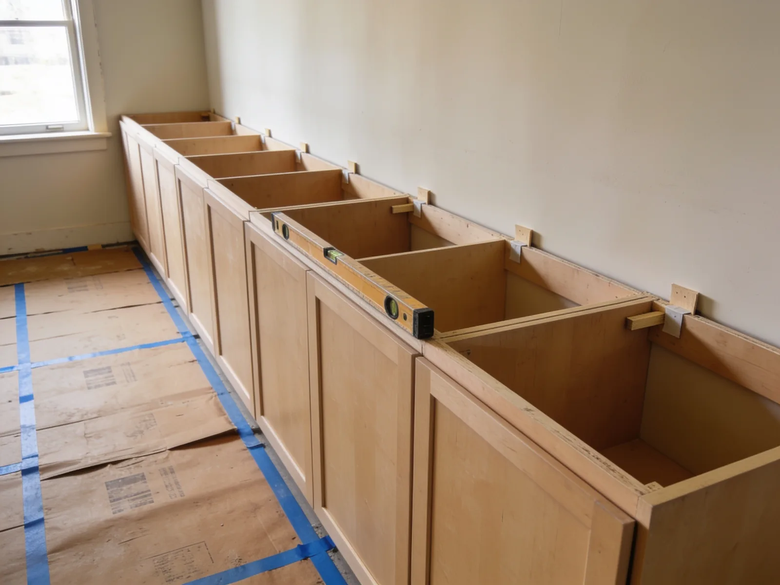 New cabinet boxes installed and leveled along a wall, doors not mounted and countertops not yet delivered