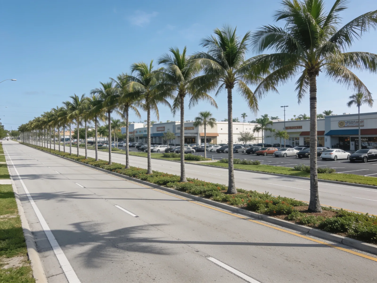 A wide multi lane South Florida boulevard with a planted median of royal palms