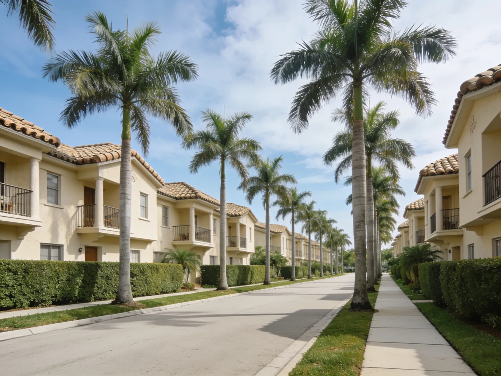 A landscaped residential boulevard lined with low rise condominium buildings, barrel tile roofs and royal palms