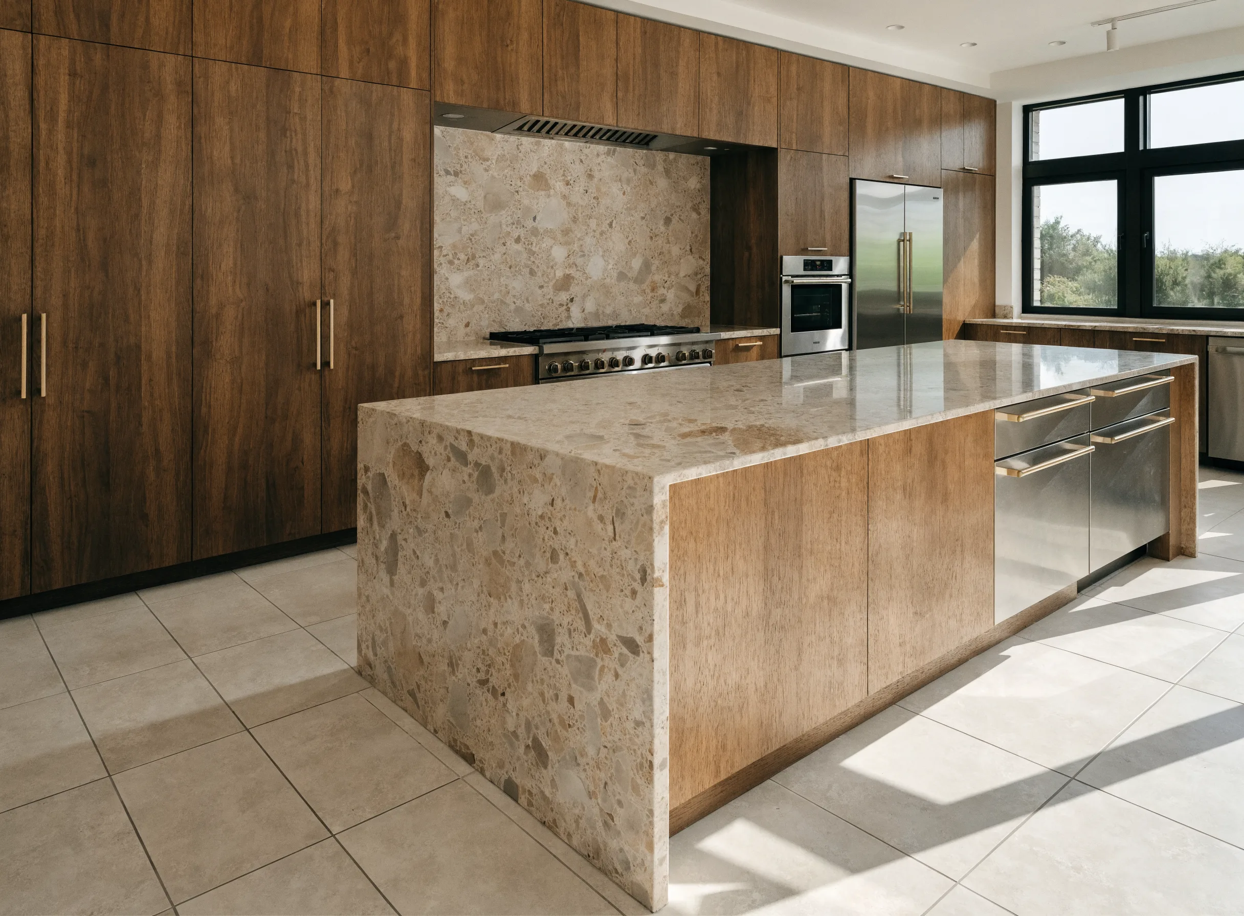 Upscale kitchen with tall wood cabinetry, a stone waterfall island and integrated appliances