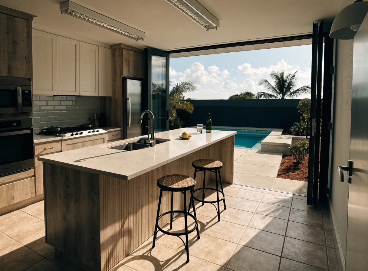About Kitchen Remodeler Boca Raton: a finished kitchen with light wood cabinetry and a stone island with stools, open to the pool deck through a sliding glass wall