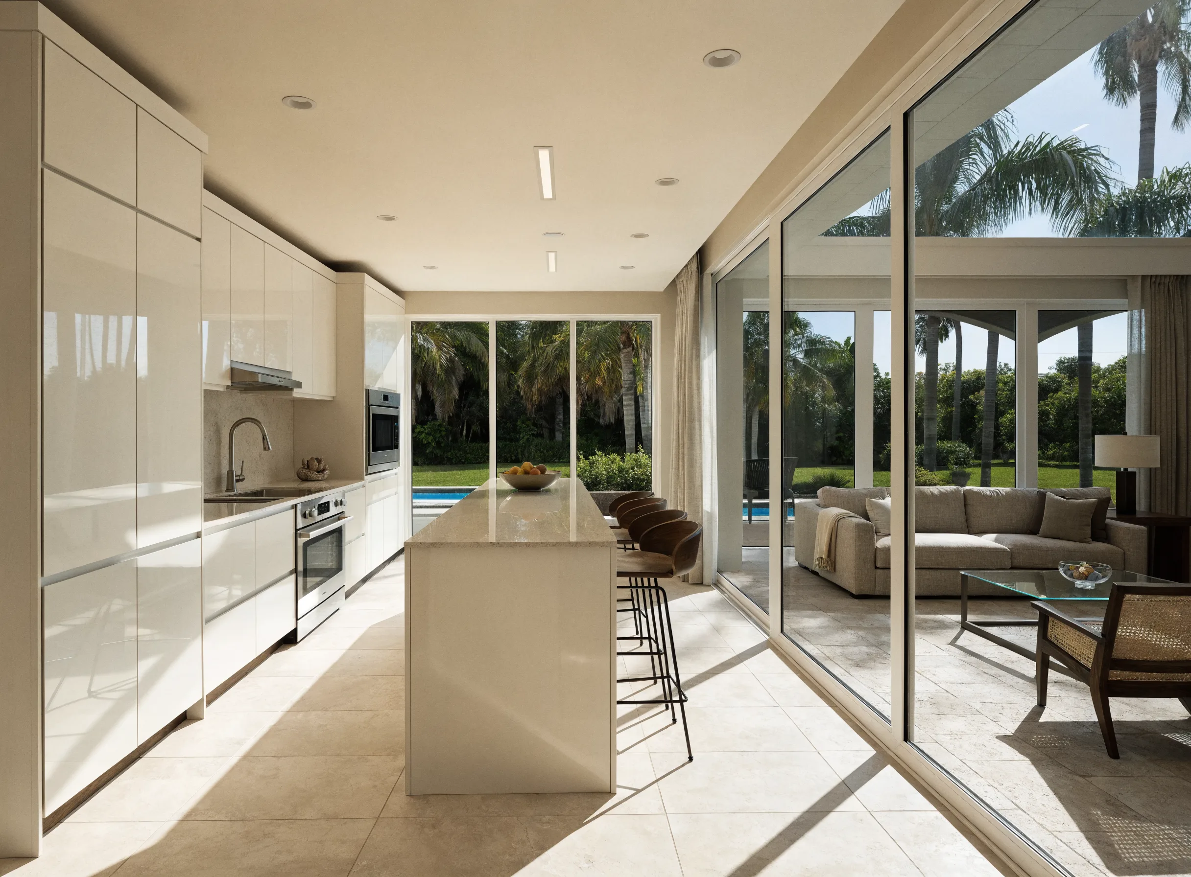 Kitchen opened to the living room with a long island and sliding glass doors to the pool deck