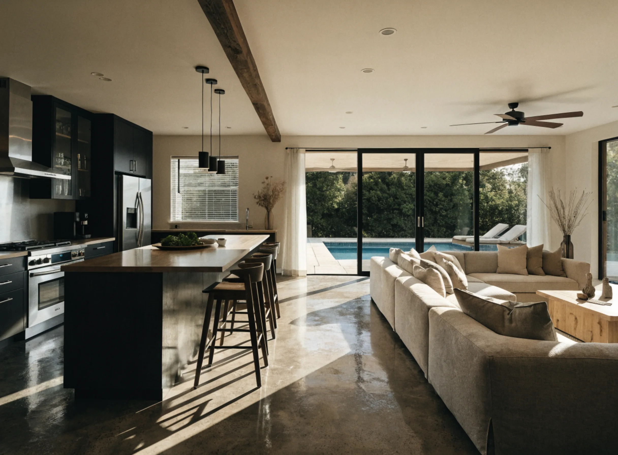Open concept kitchen remodeling Boca Raton: a kitchen opened to the living room with a long seated island and sliding glass doors to the pool deck