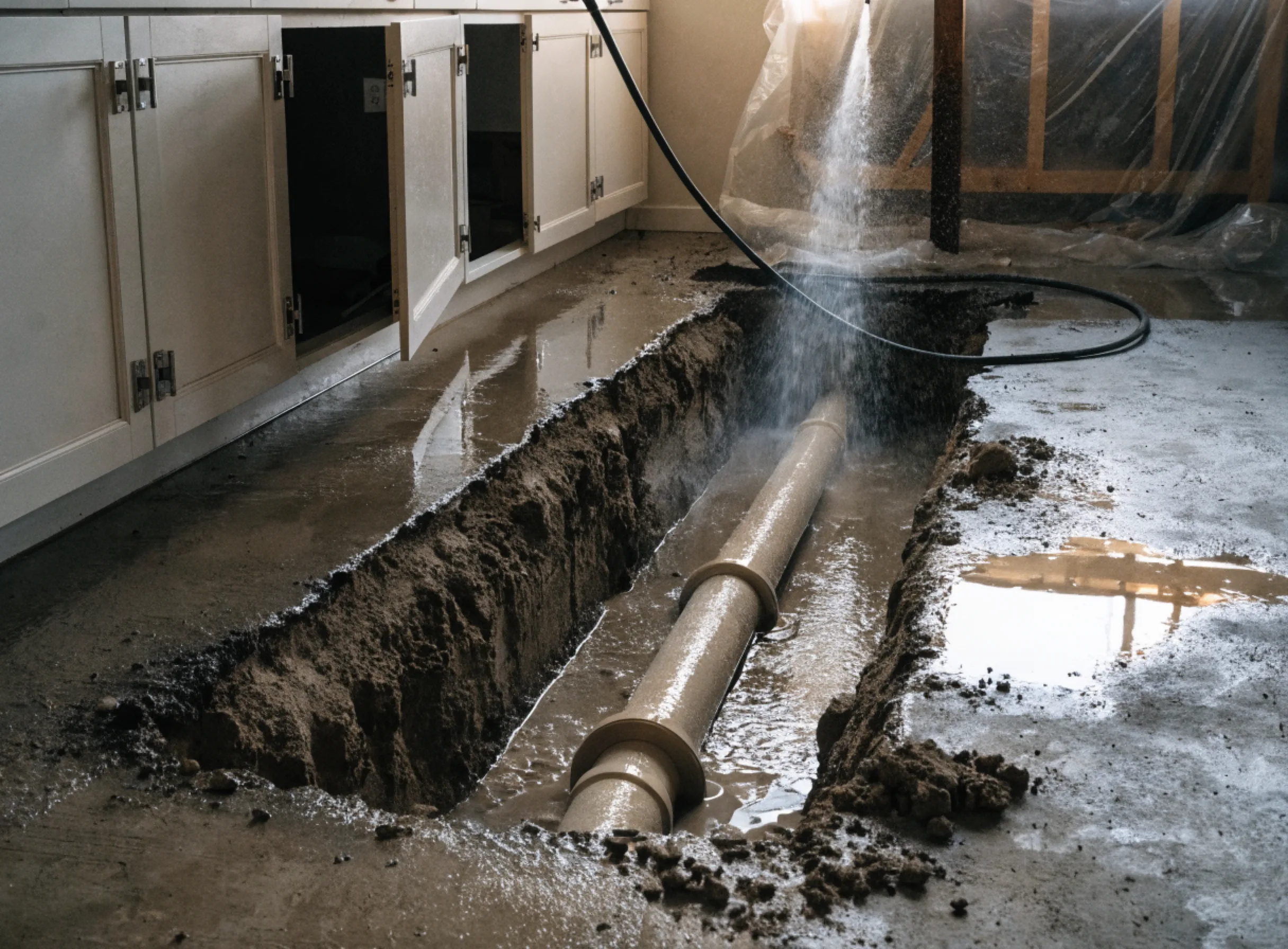 A trench cut into the concrete slab beside the cabinets to run a new drain, with the dust kept down by water