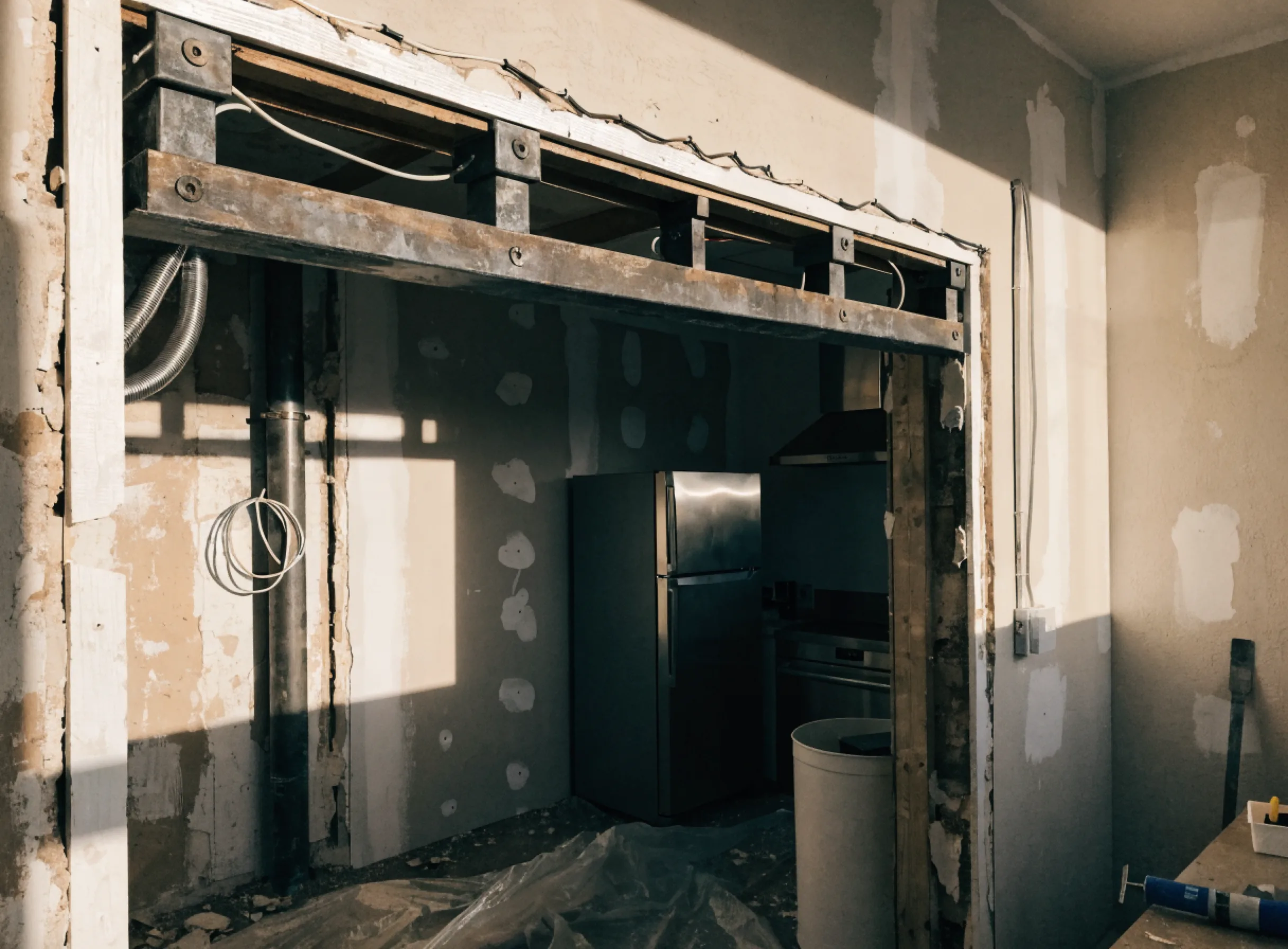 A structural beam header spanning the opening where a kitchen wall was removed, with the framing still exposed