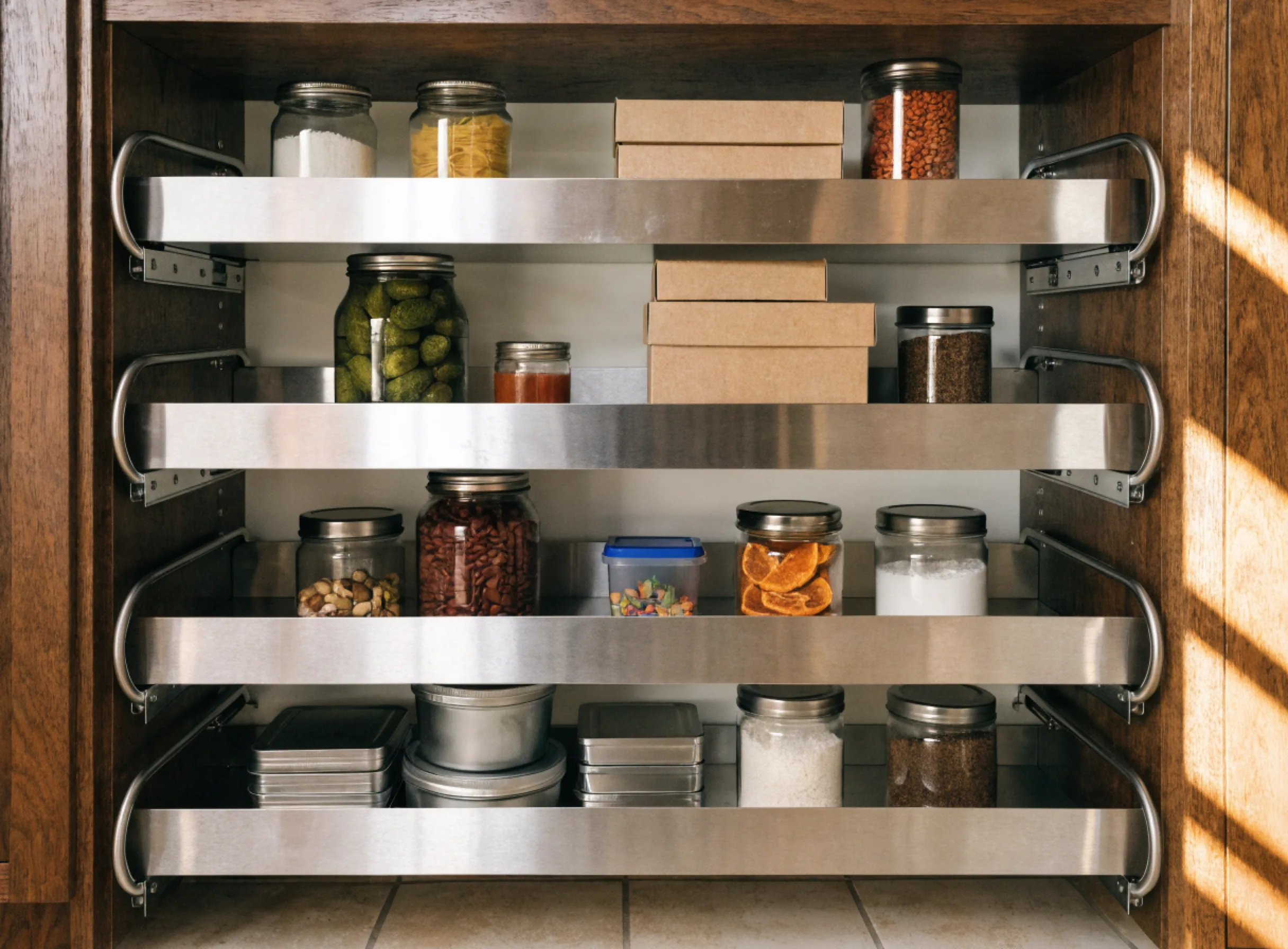 Pull out shelves fully extended in a tall pantry cabinet, with everything on them visible from the front