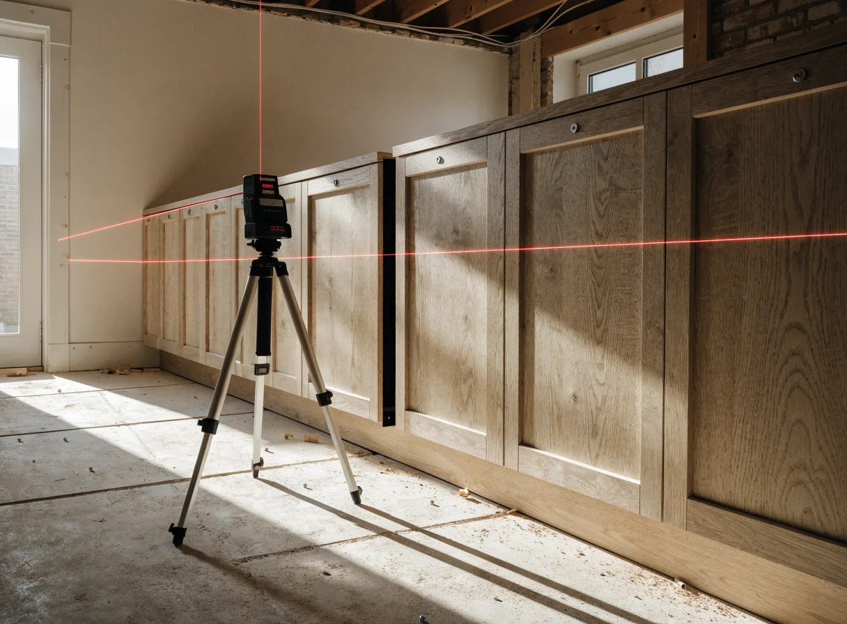 A laser templating tool on a tripod in front of the new cabinet run, before the quartz is cut