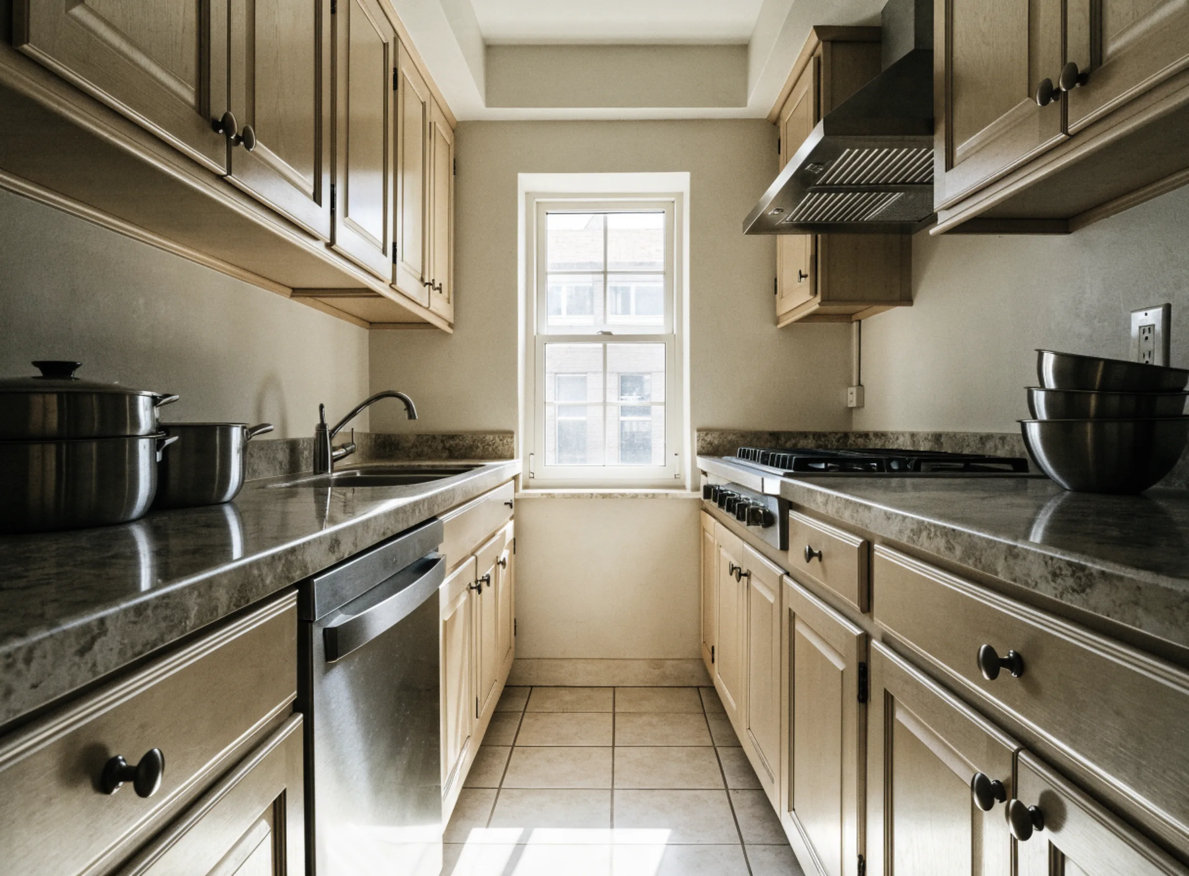Small kitchen remodel Boca Raton: a rebuilt galley kitchen under twenty linear feet with light shaker cabinets carried to the ceiling and a window at the end of the run